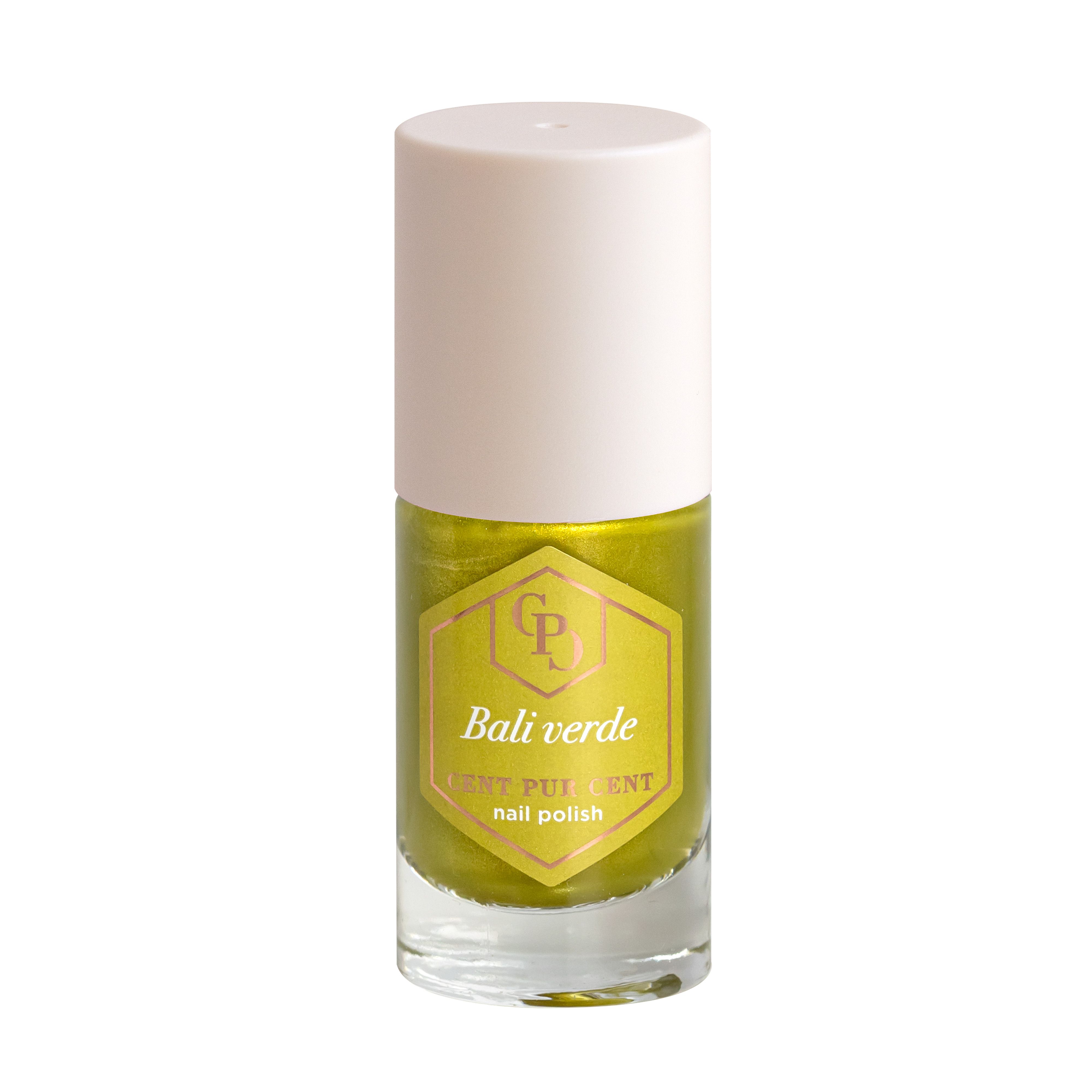 Vernis à ongles vert dans un flacon en verre avec bouchon blanc. Étiquette avec nom du produit et logo.