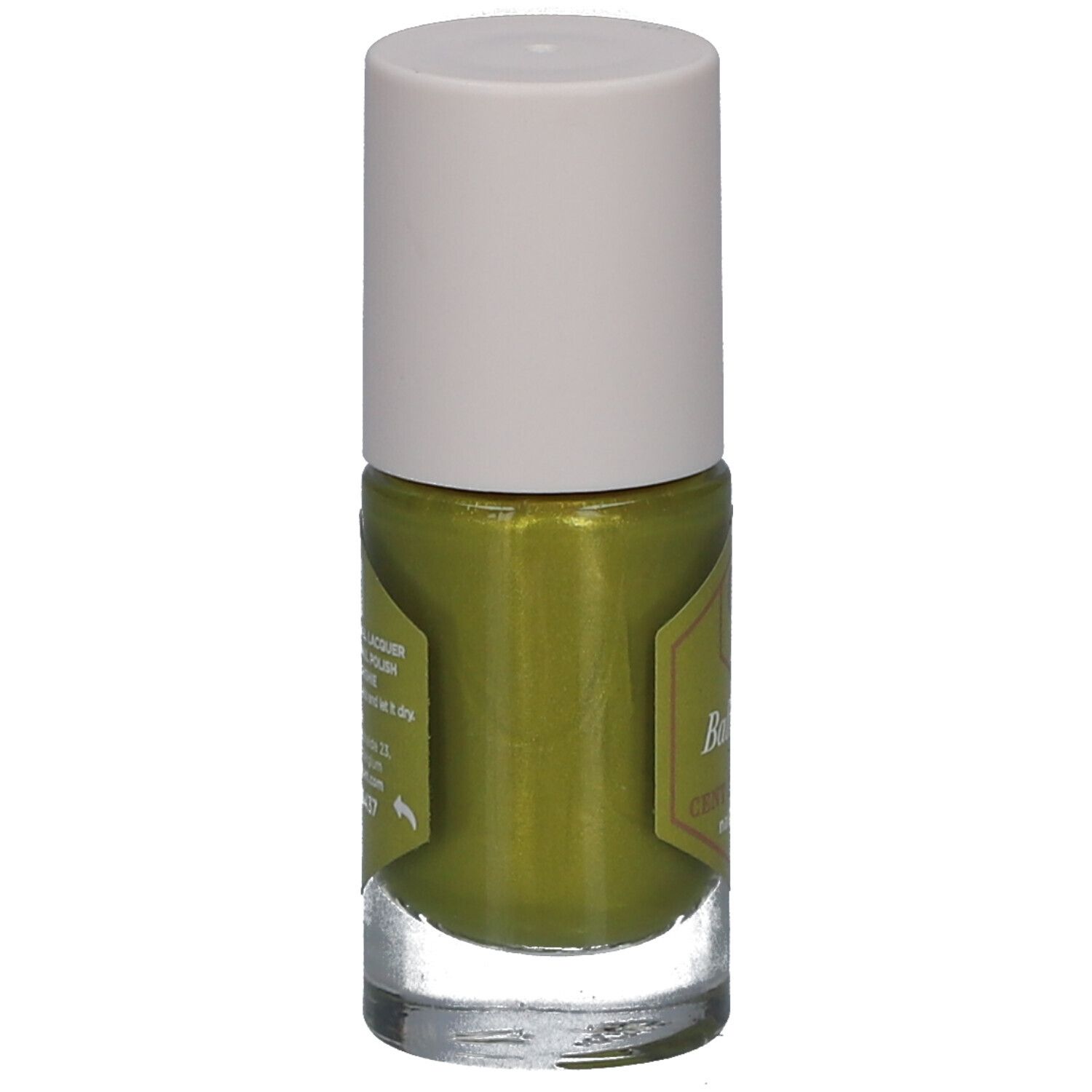 Grüner Nagellack in einer Glasflasche mit weißem Deckel. Aufkleber mit Produktnamen und Logo.