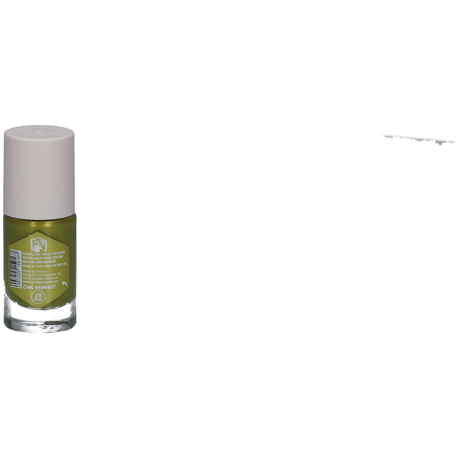 Grüner Nagellack in einer Glasflasche mit weißem Deckel. Aufkleber mit Produktnamen und Logo.