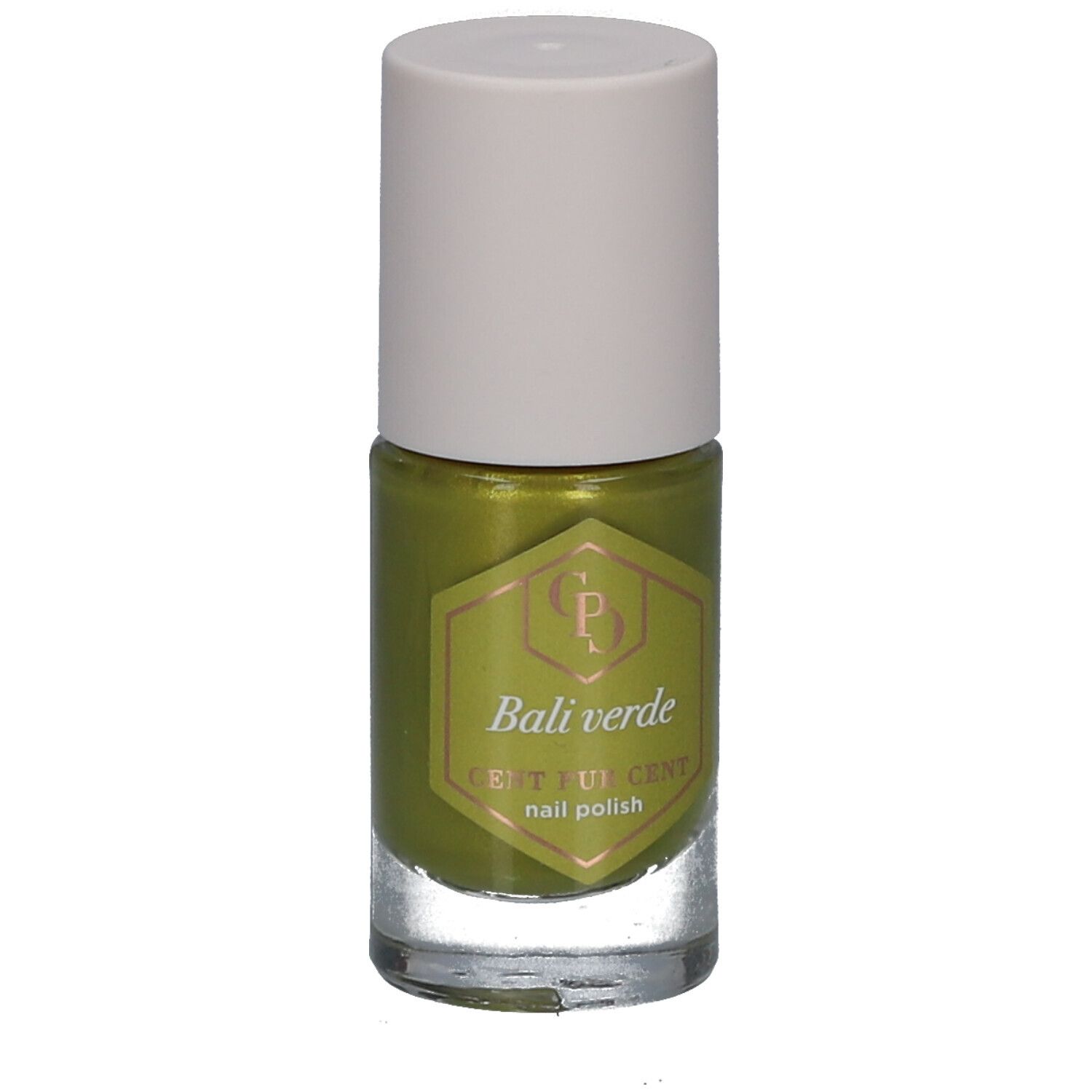 Grüner Nagellack in einer Glasflasche mit weißem Deckel. Aufkleber mit Produktnamen und Logo.