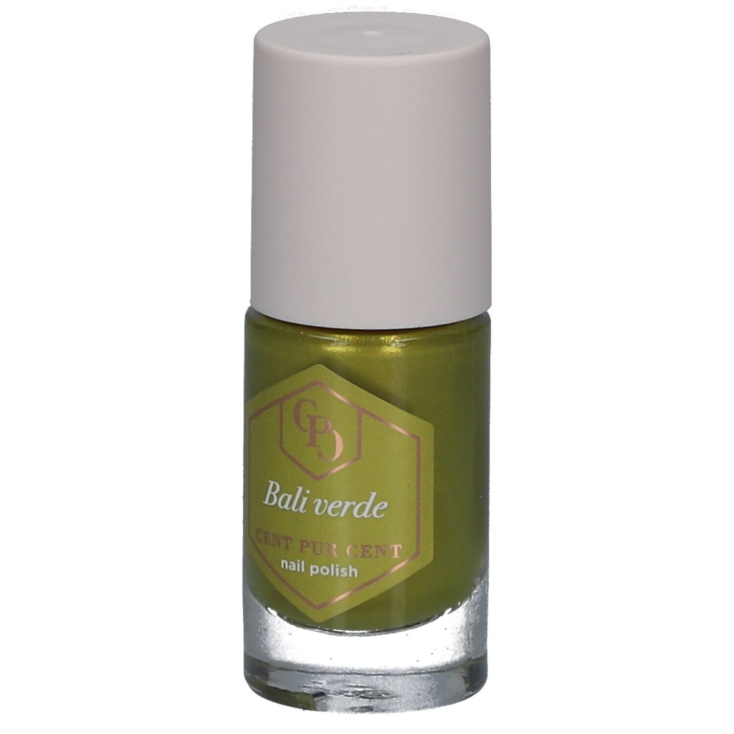 Grüner Nagellack in einer Glasflasche mit weißem Deckel. Aufkleber mit Produktnamen und Logo.