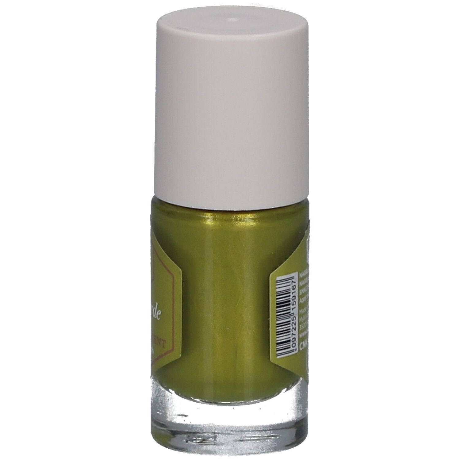 Grüner Nagellack in einer Glasflasche mit weißem Deckel. Aufkleber mit Produktnamen und Logo.