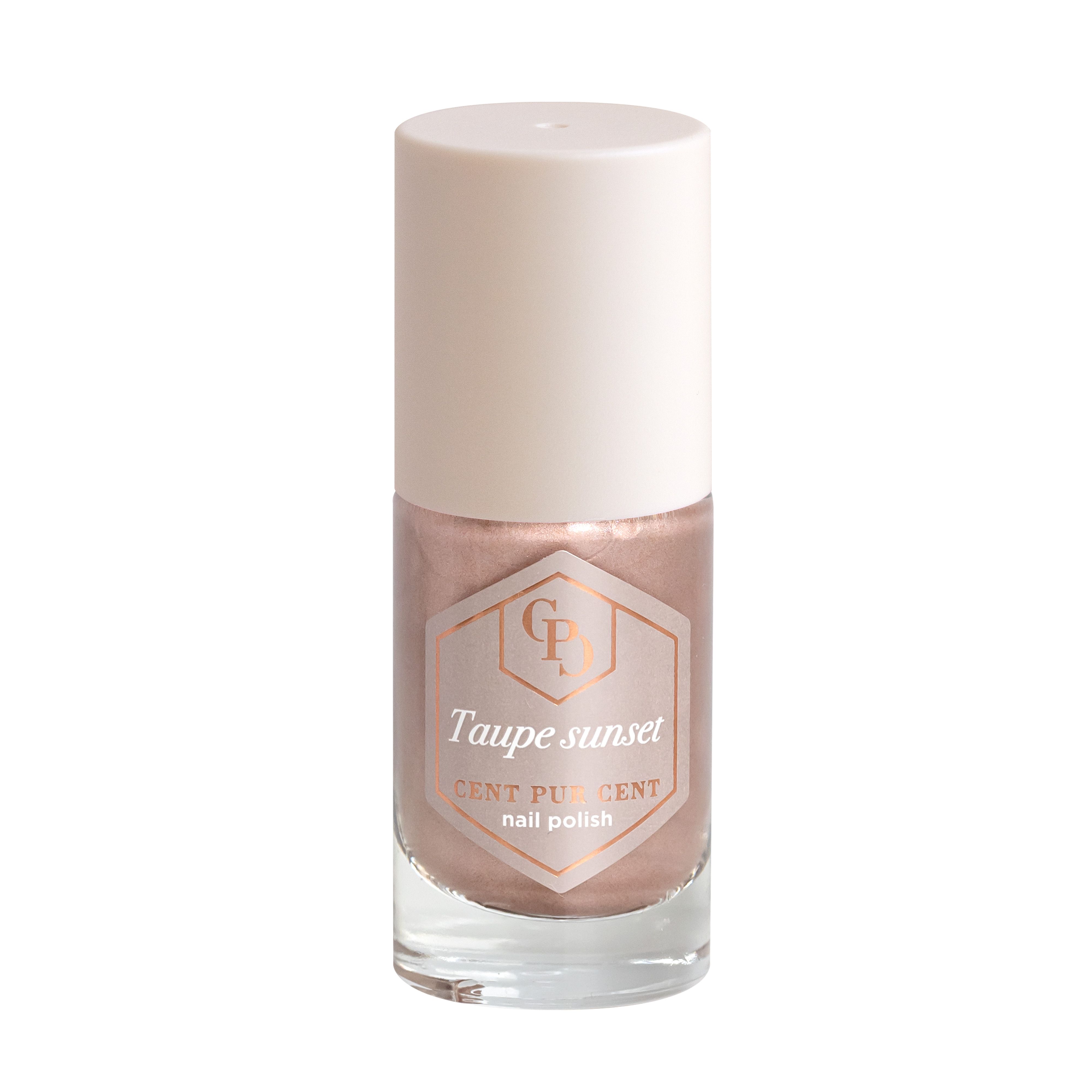 Flacon de vernis à ongles rose-brun avec bouchon blanc. Inscription : Taupe sunset, Cent Pur Cent nail polish.