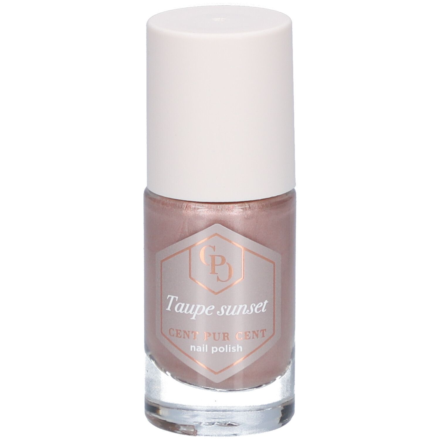 Nagellackflasche mit rosabrauner Farbe und weißem Deckel. Aufschrift: Taupe sunset, Cent Pur Cent nail polish.