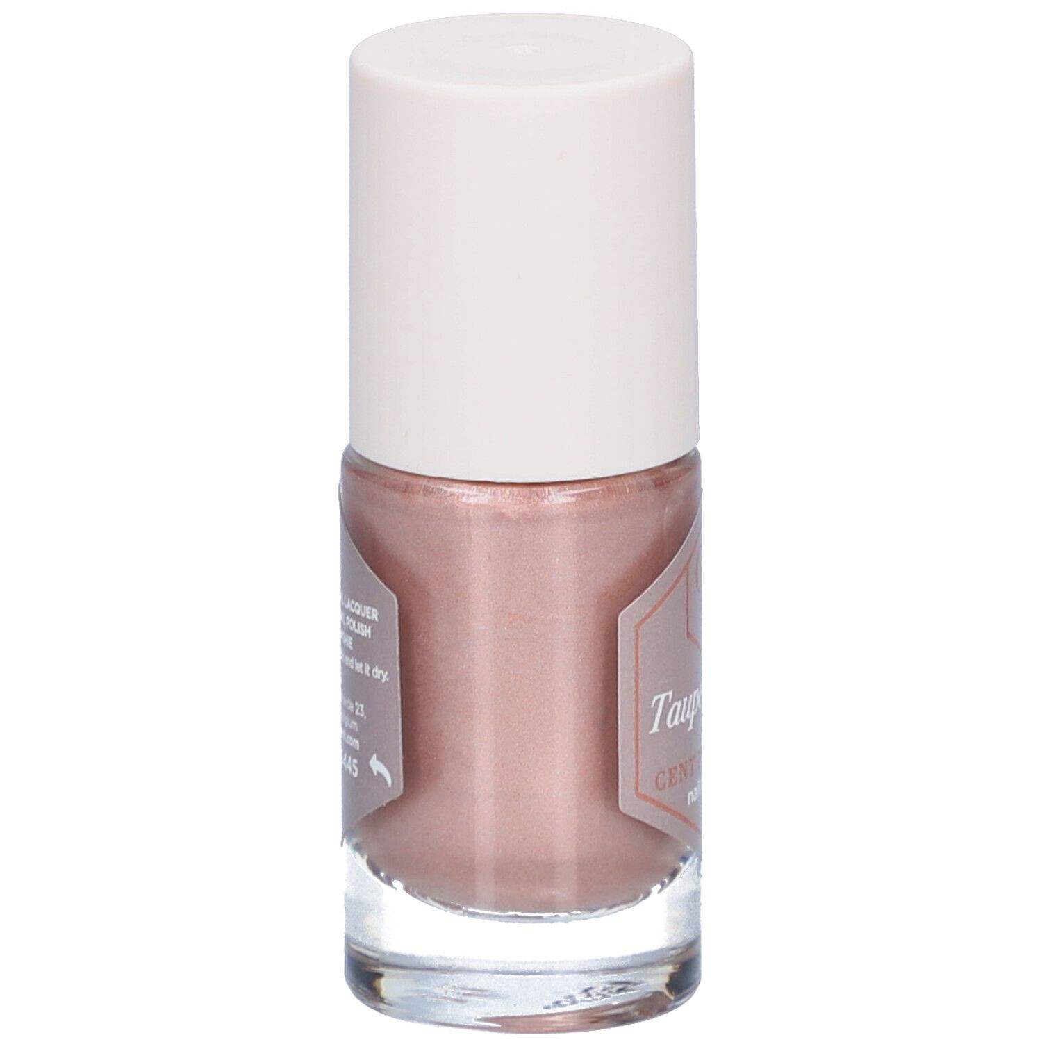 Nagellackflasche mit rosabrauner Farbe und weißem Deckel. Auf der Rückseite Text und Barcode.