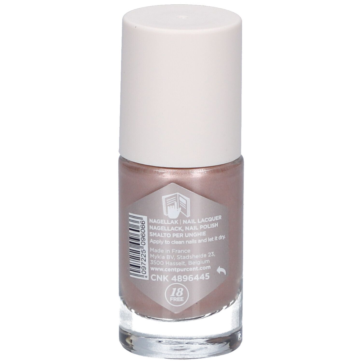 Nagellackflasche mit rosabrauner Farbe und weißem Deckel. Auf der Rückseite Text und Barcode.