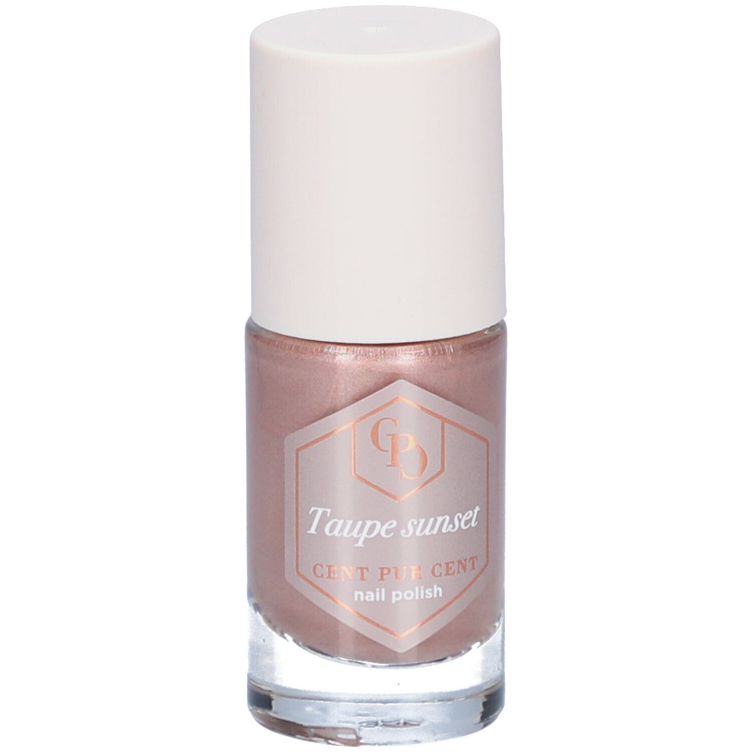 Nagellackflasche mit rosabrauner Farbe und weißem Deckel. Aufschrift: Taupe sunset, Cent Pur Cent nail polish.