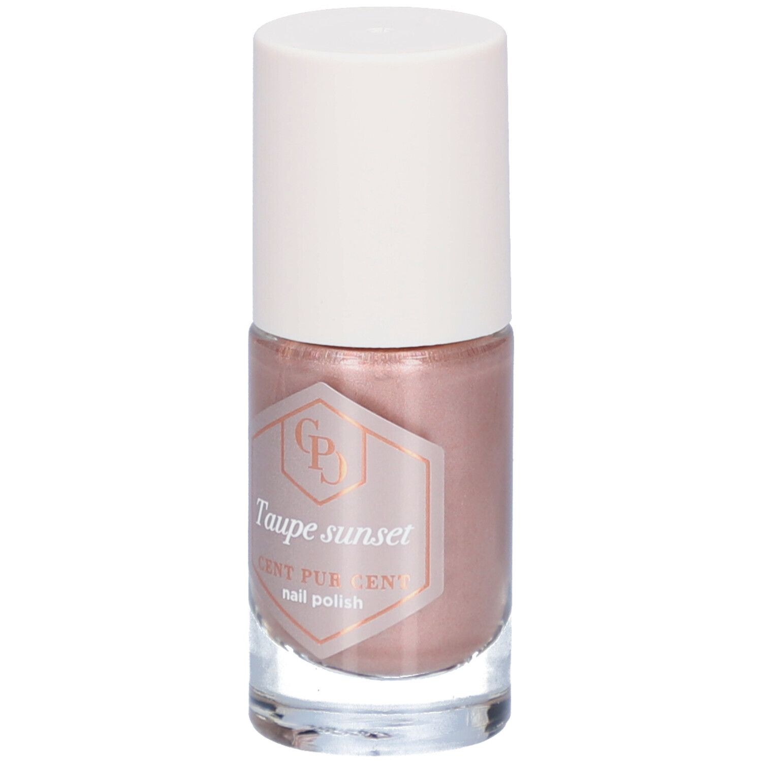 Nagellackflasche mit rosabrauner Farbe und weißem Deckel. Aufschrift: Taupe sunset, Cent Pur Cent nail polish.