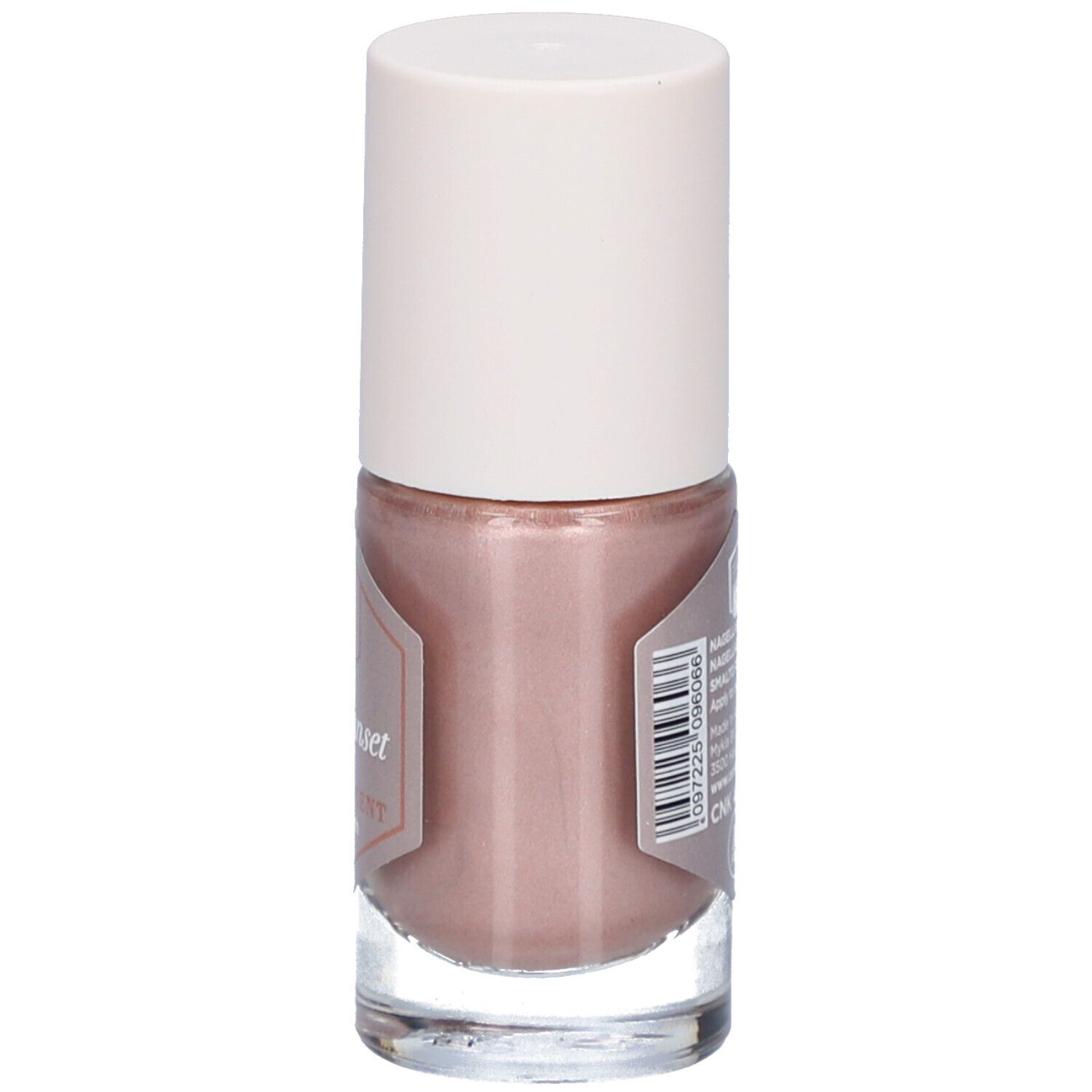 Nagellackflasche mit rosabrauner Farbe und weißem Deckel. Auf der Rückseite Text und Barcode.