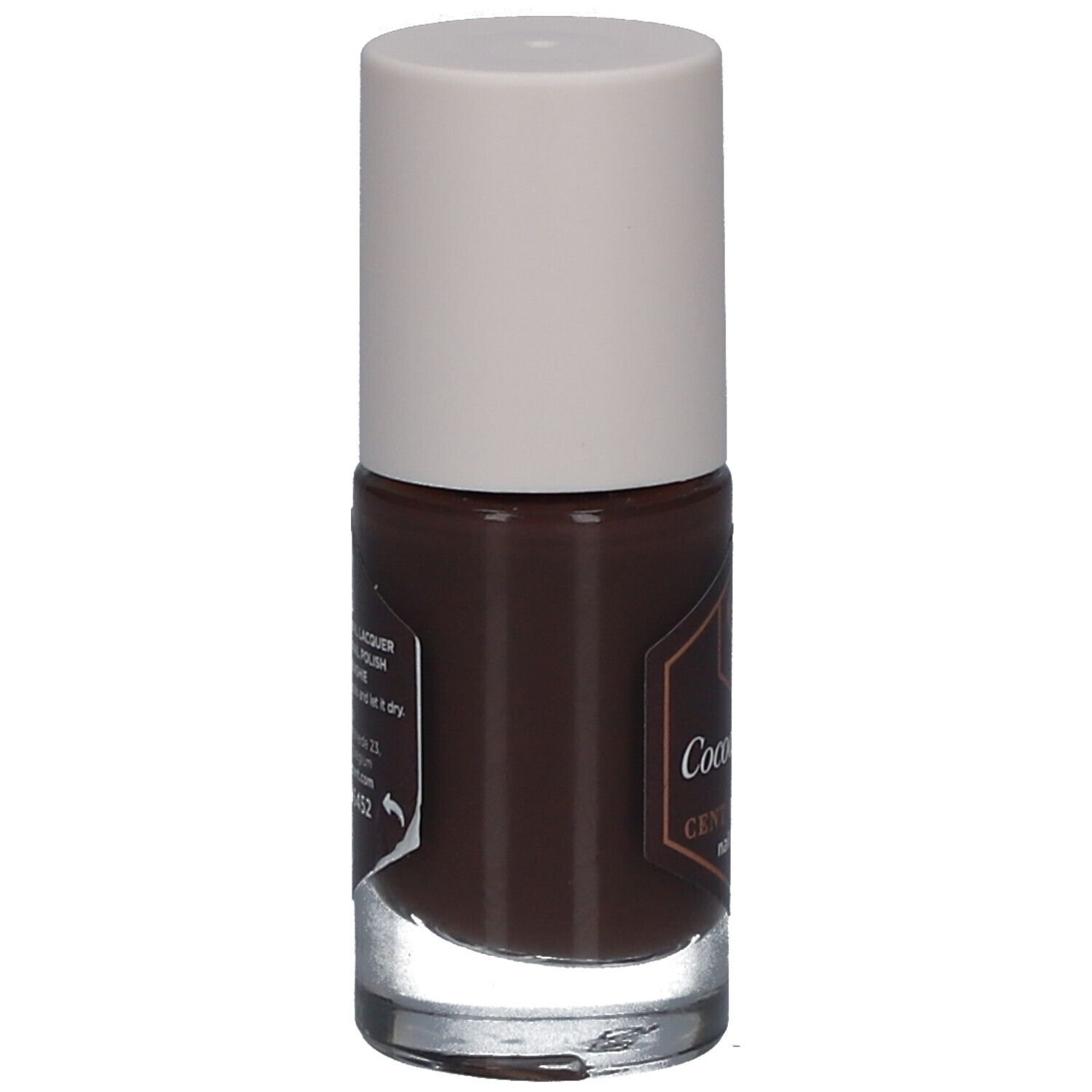 Nagellackflasche mit braunem Lack und weißem Deckel. Rückseite mit Text.
