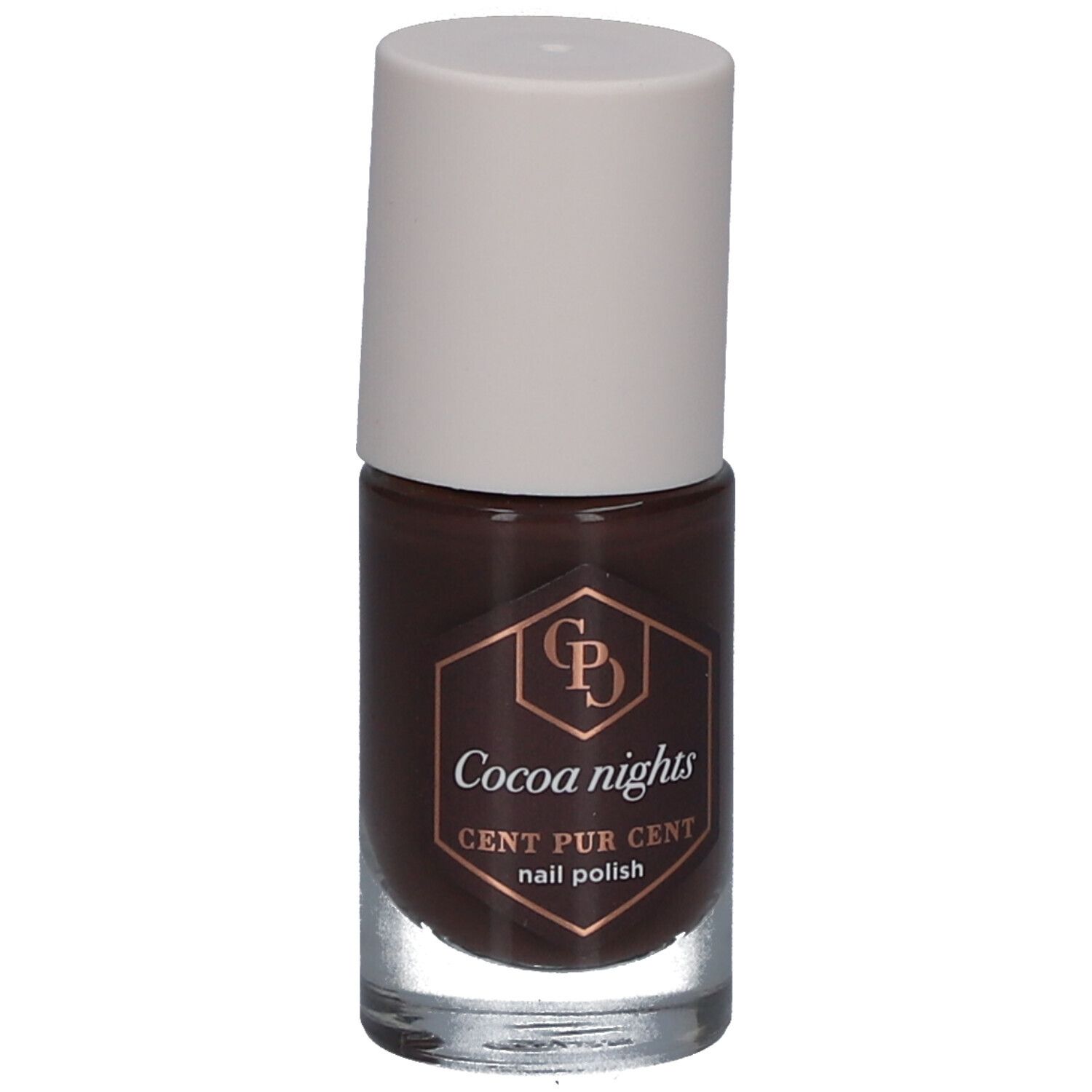 Nagellackflasche mit braunem Lack und weißem Deckel. Aufschrift: Cocoa nights, CENT PUR CENT nail polish.
