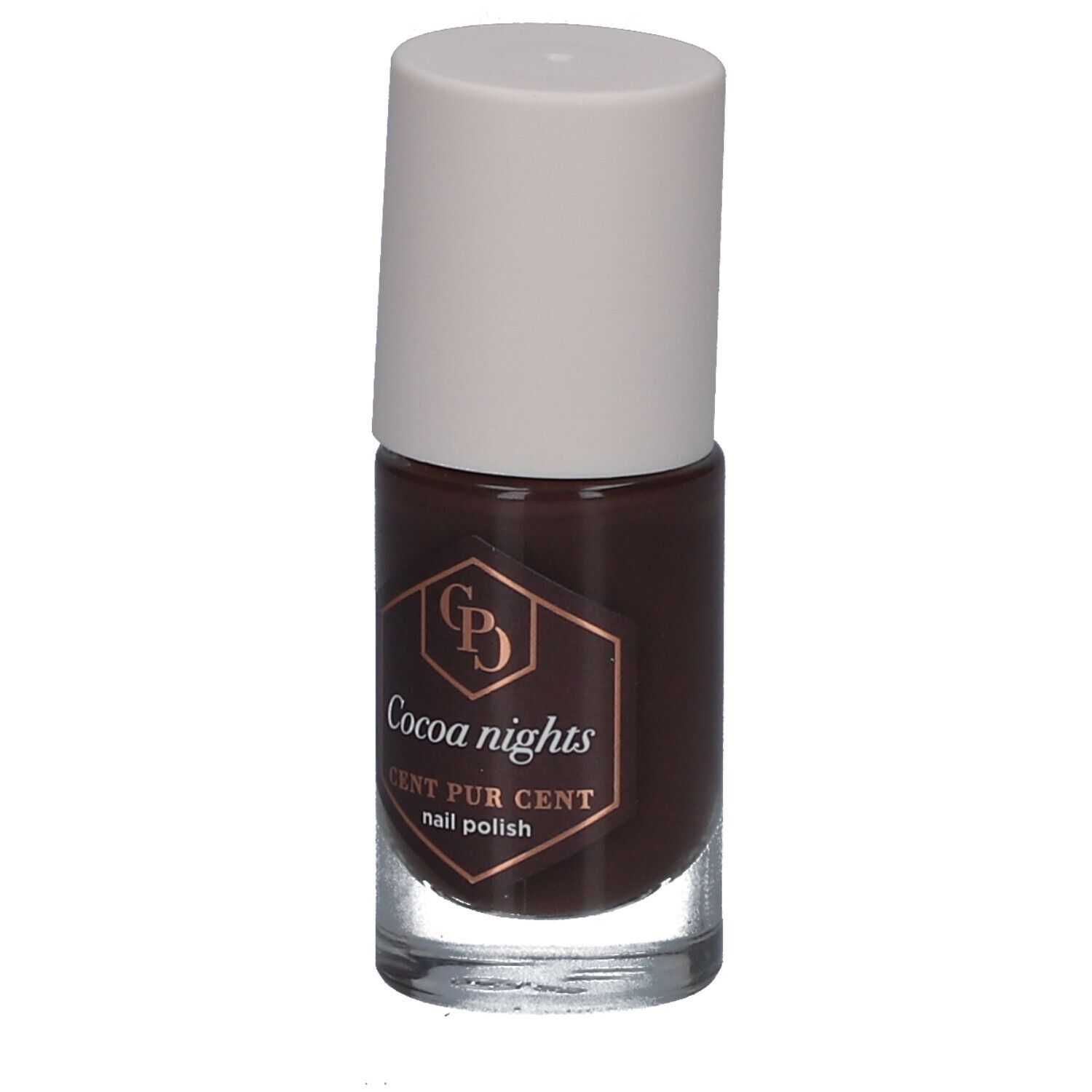 Nagellackflasche mit braunem Lack und weißem Deckel. Aufschrift: Cocoa nights, CENT PUR CENT nail polish.