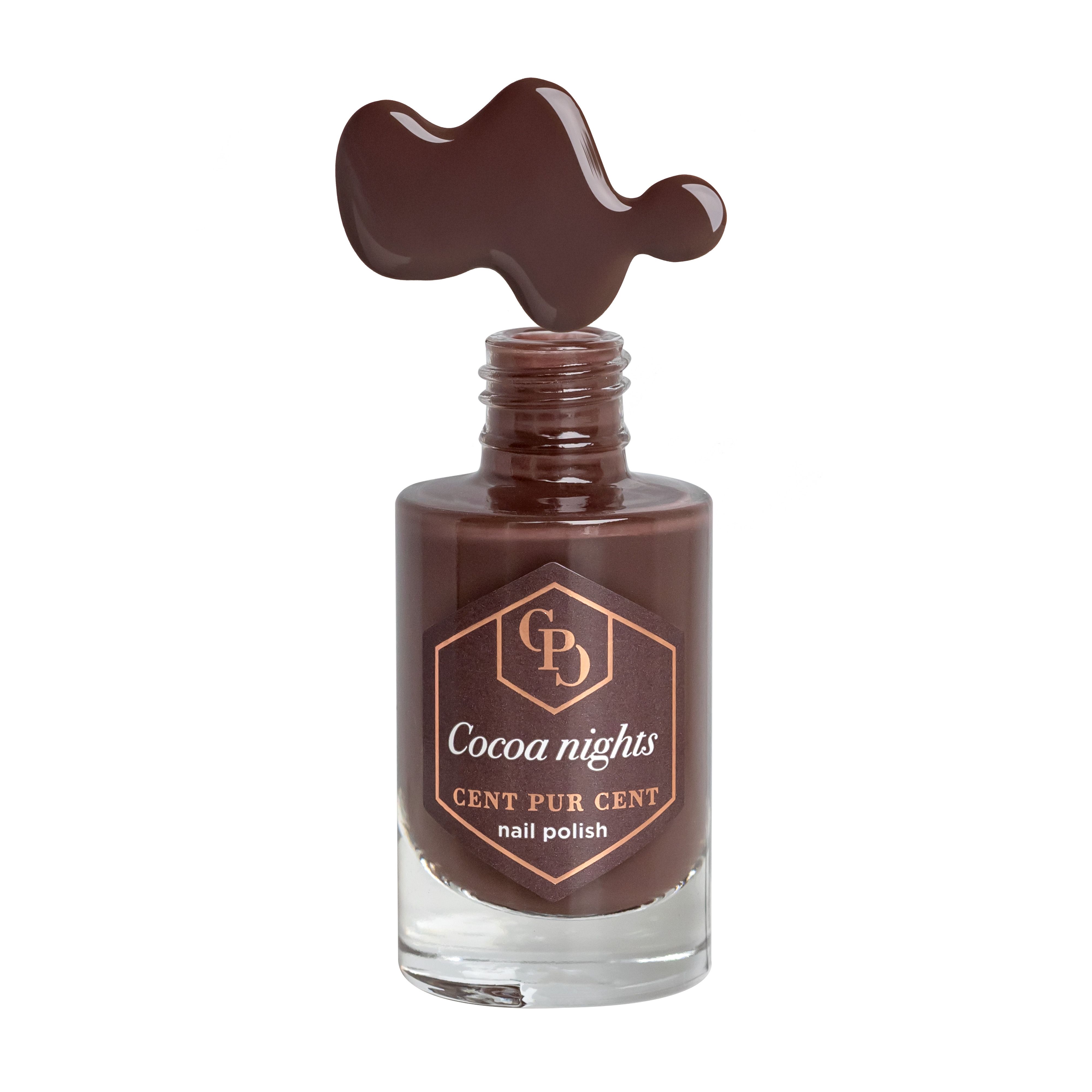 Flacon de vernis à ongles marron, goutte de vernis et bouchon blanc. Inscription : Cocoa nights.