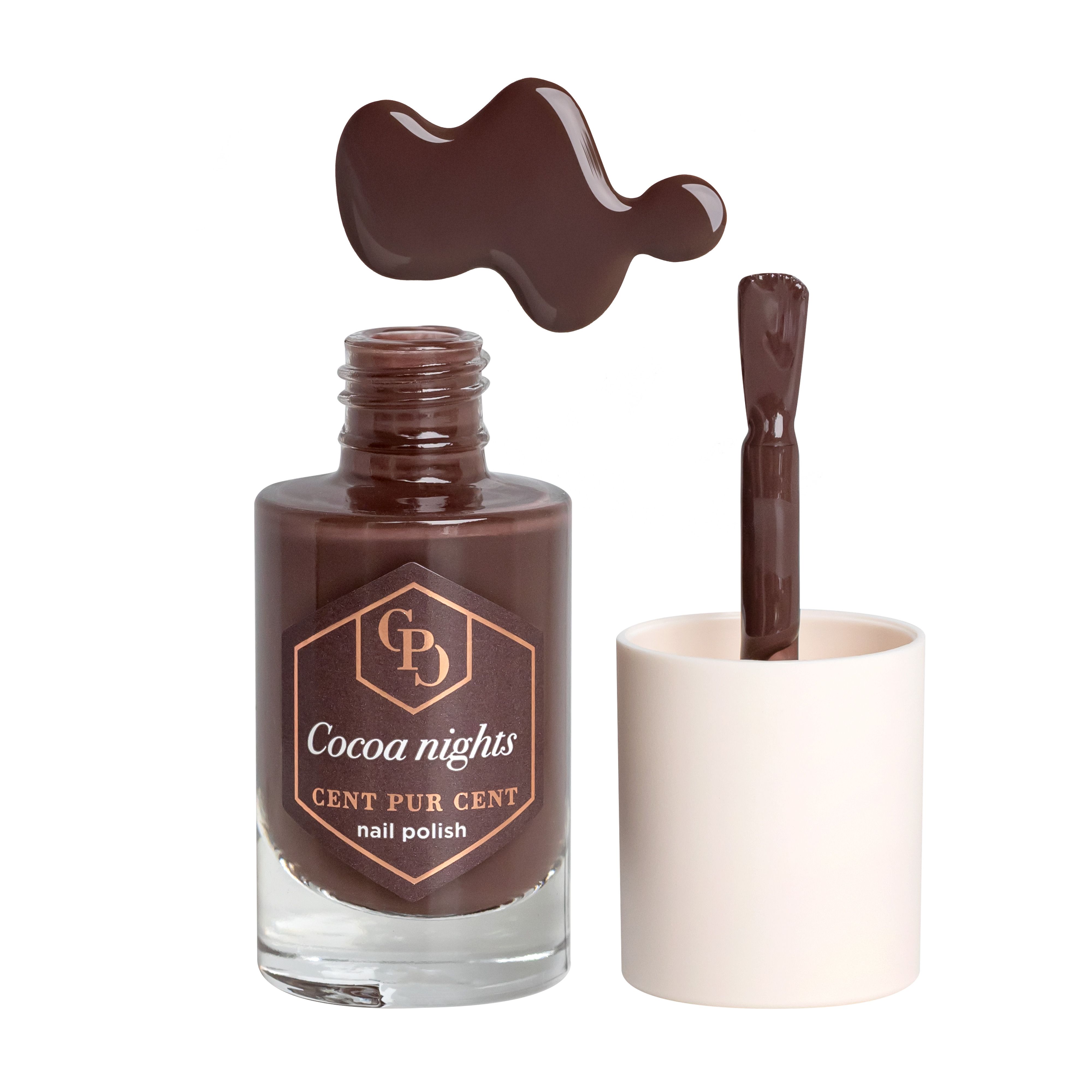 Flacon de vernis à ongles marron, pinceau et bouchon blanc. Inscription : Cocoa nights.