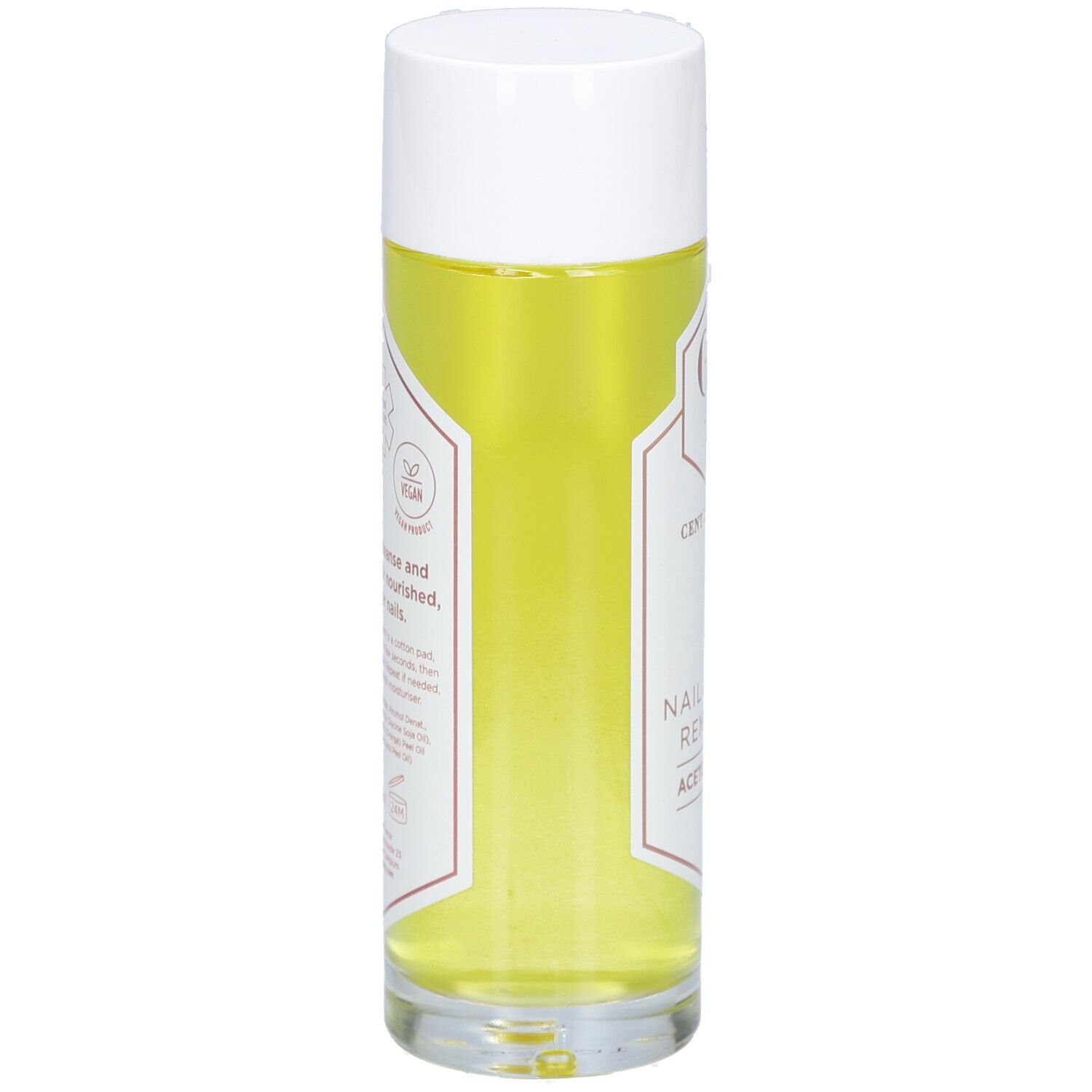 Zylindrische Flasche mit weißem Deckel. Aufschrift: Nagellackentferner, Acetonfrei. Vegan-Siegel.