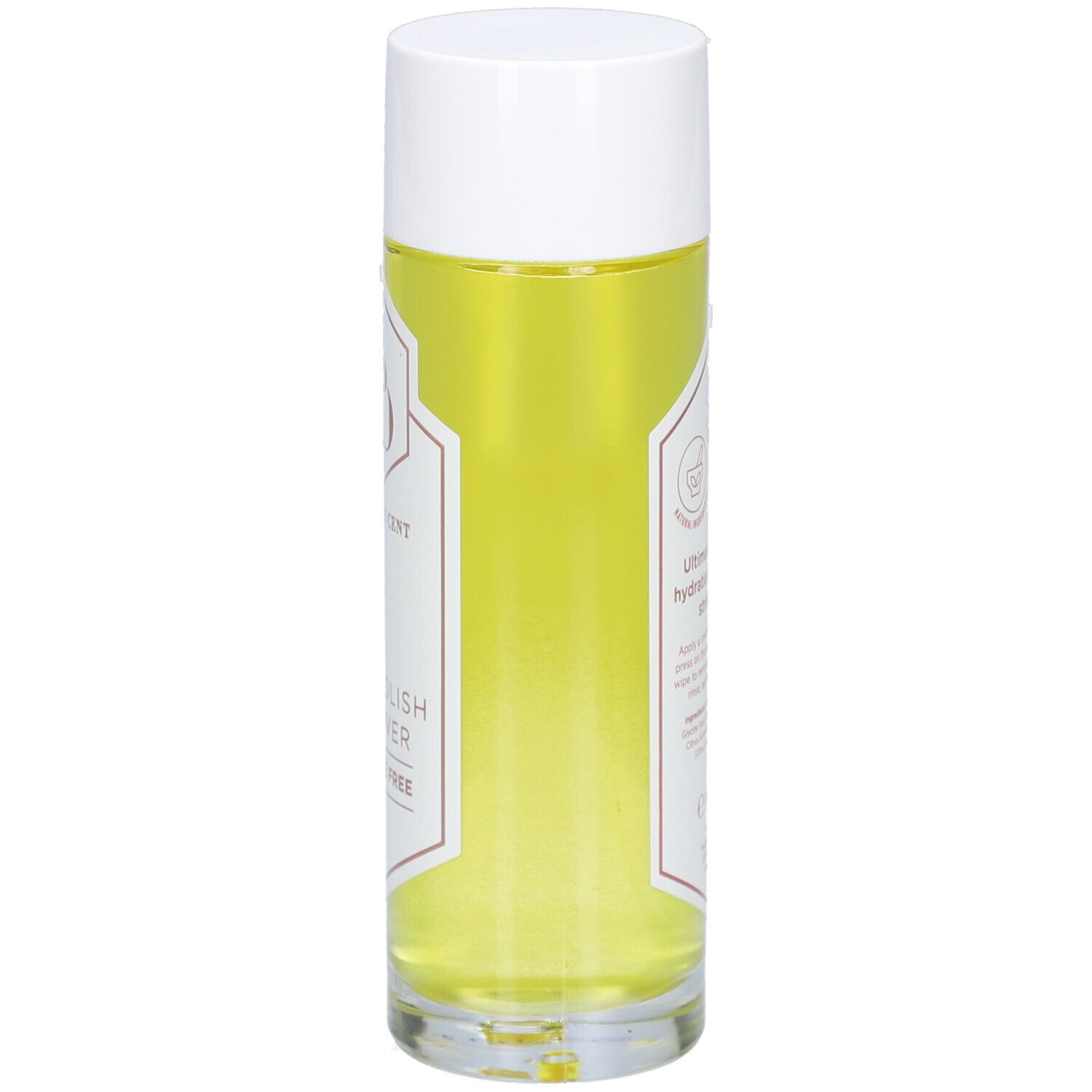 Zylindrische Flasche mit weißem Deckel. Aufschrift: Nagellackentferner, Acetonfrei. Vegan-Siegel.