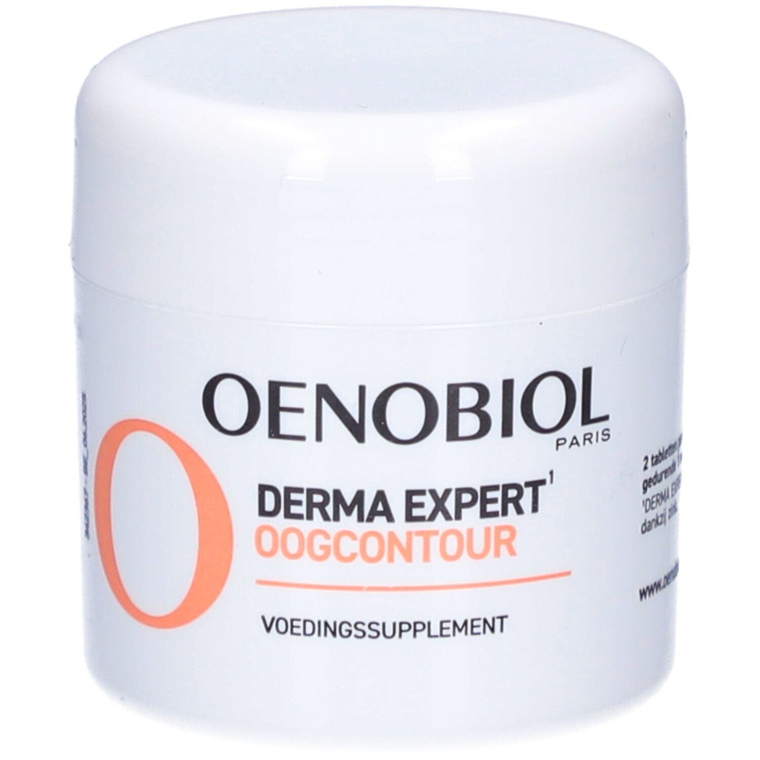 Weißes Produkt Oenobiol Derma Expert Oogcontour. Aufschrift und orangefarbenes O.