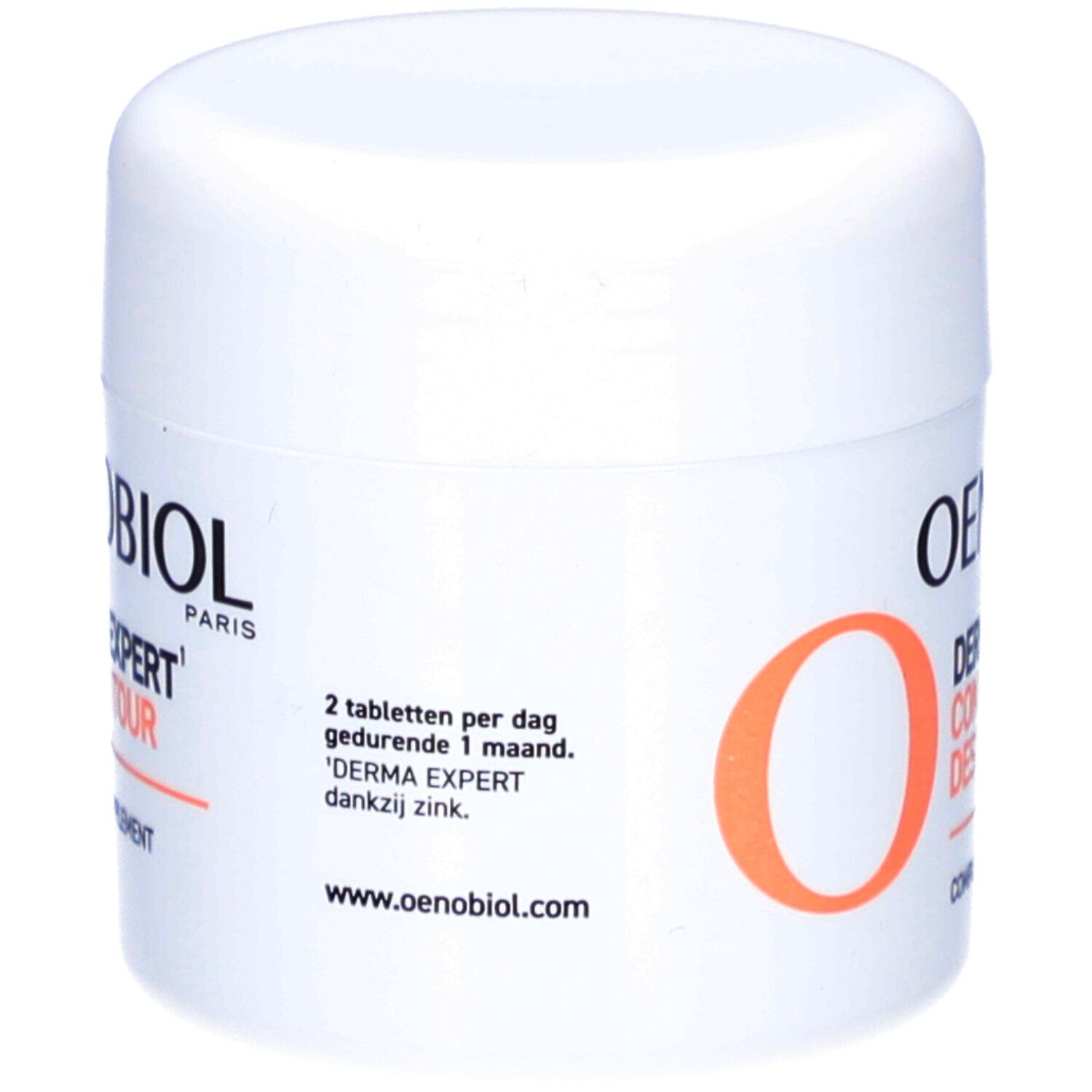 Weißes Produkt Oenobiol Derma Expert Contour des Yeux. Rückseite mit Text.