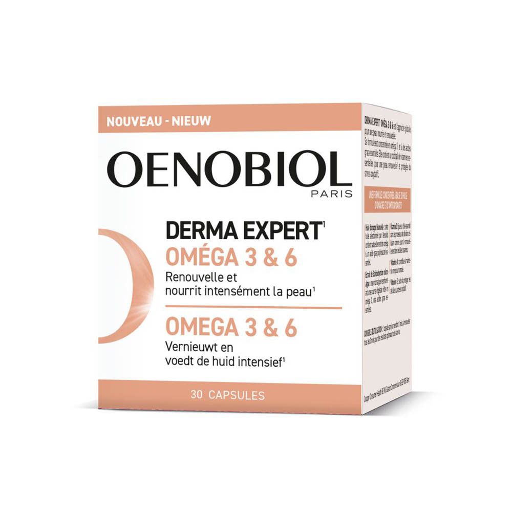 Oenobiol Derma Expert Oméga 3 & 6. Capsules dans un pot blanc. Inscription : Nouveau.
