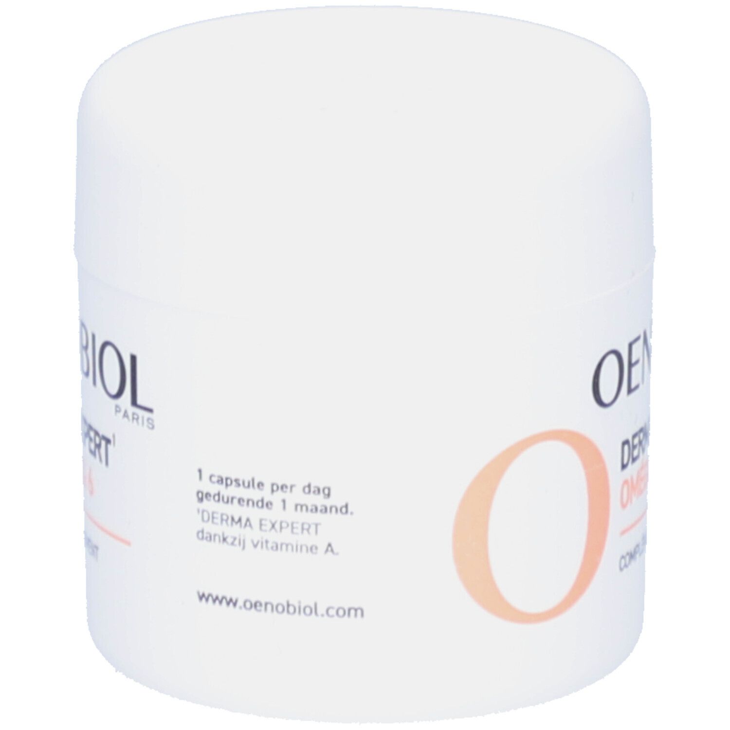 Oenobiol Derma Expert Oméga 3 & 6. Pot blanc avec capsules. Couvercle ouvert. Complément alimentaire.