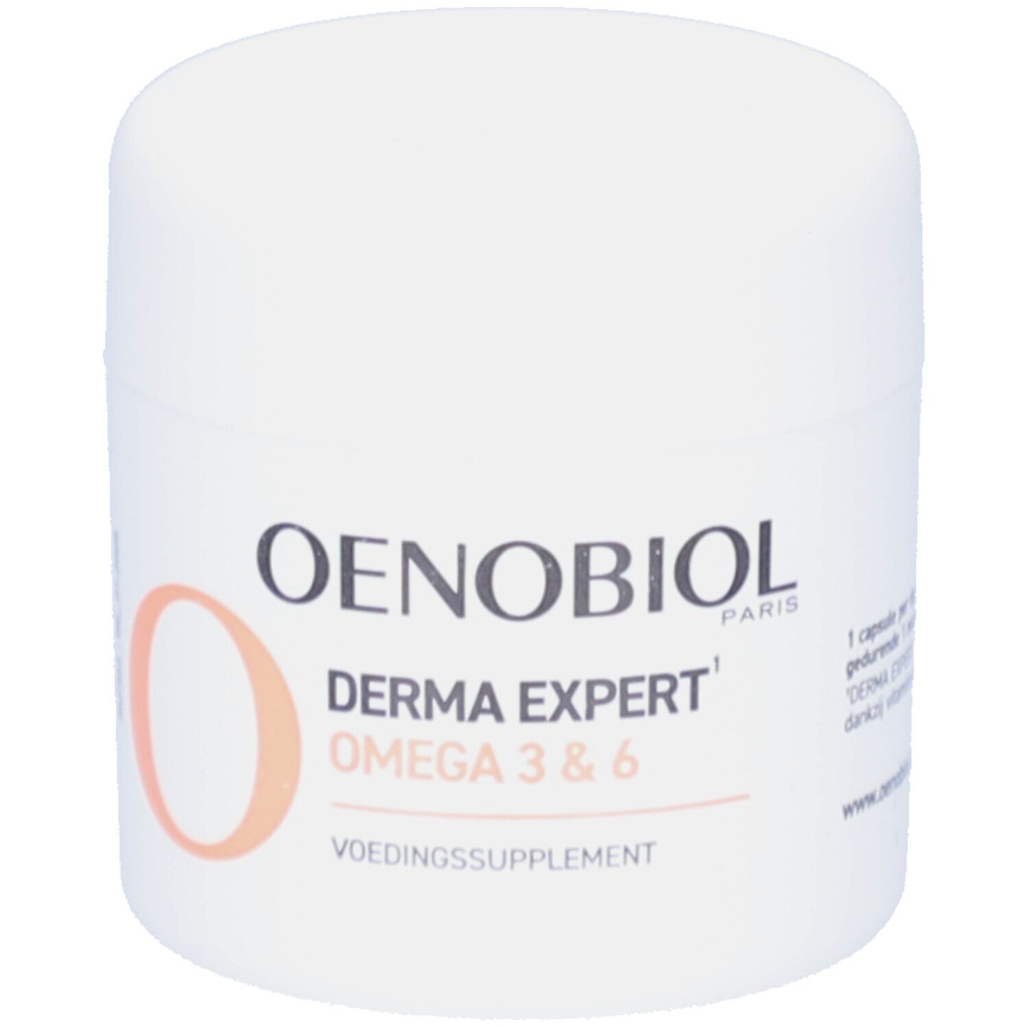 Femme avec peau. Texte : Oméga 3 & 6, peau, formule concentrée. Oenobiol Derma Expert.