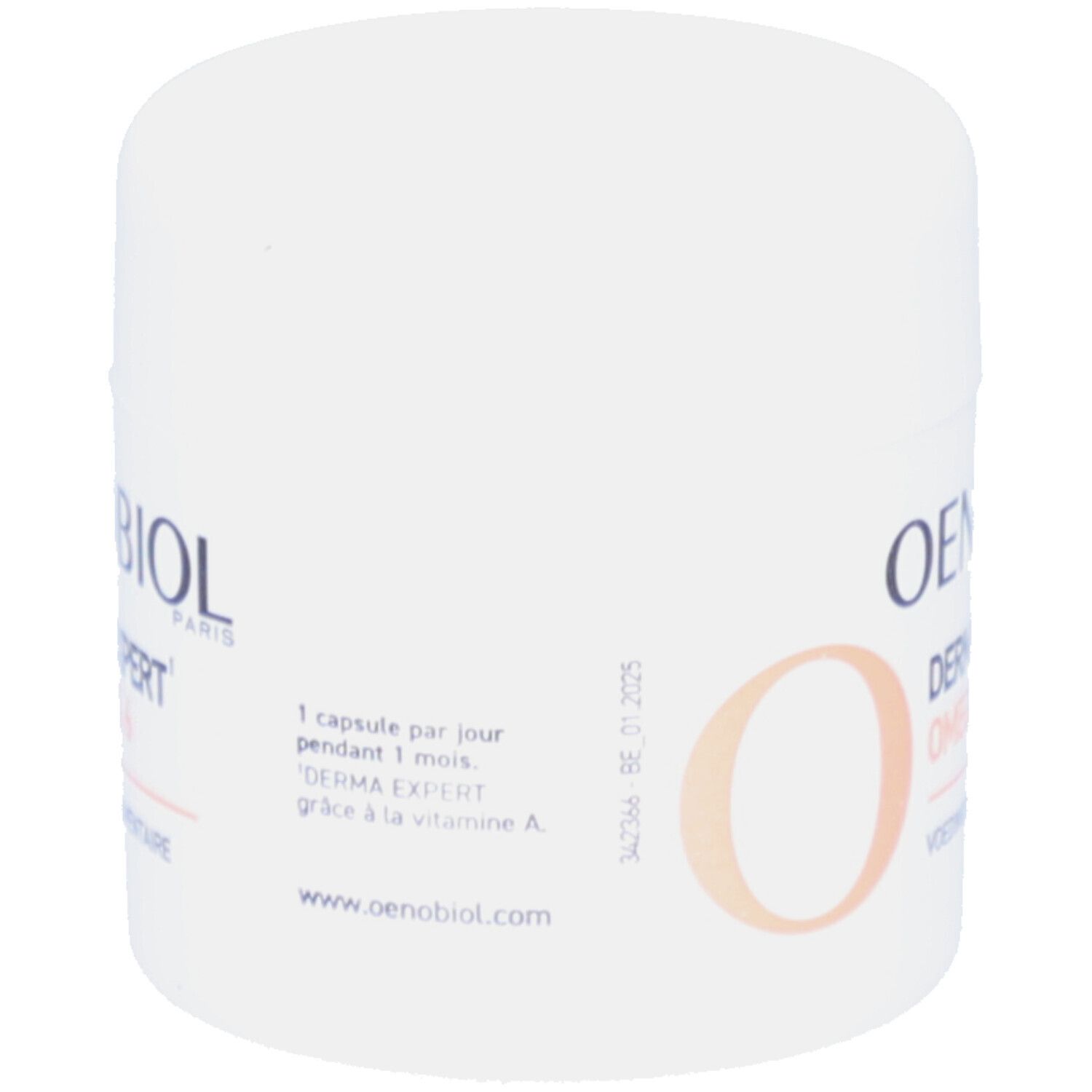 Oenobiol Derma Expert Oméga 3 & 6. Pot avec capsules. Texte : 1 capsule par jour. 30 capsules.