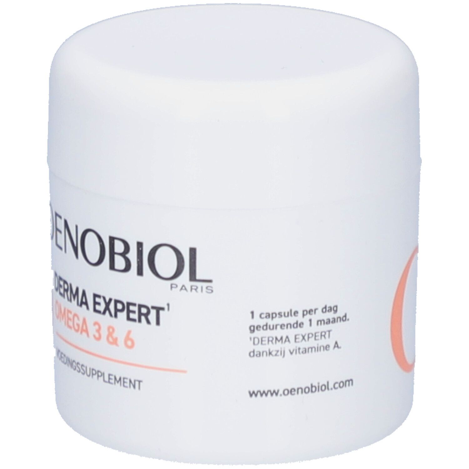 Oenobiol Derma Expert Oméga 3 & 6. Pot blanc avec capsules. Couvercle ouvert. Complément alimentaire.