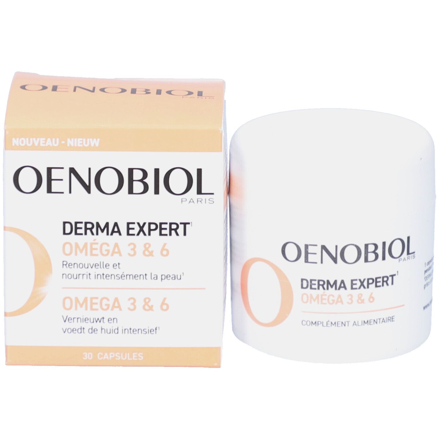 Oenobiol Derma Expert Oméga 3 & 6. Pot blanc avec capsules. Texte : Complément alimentaire.