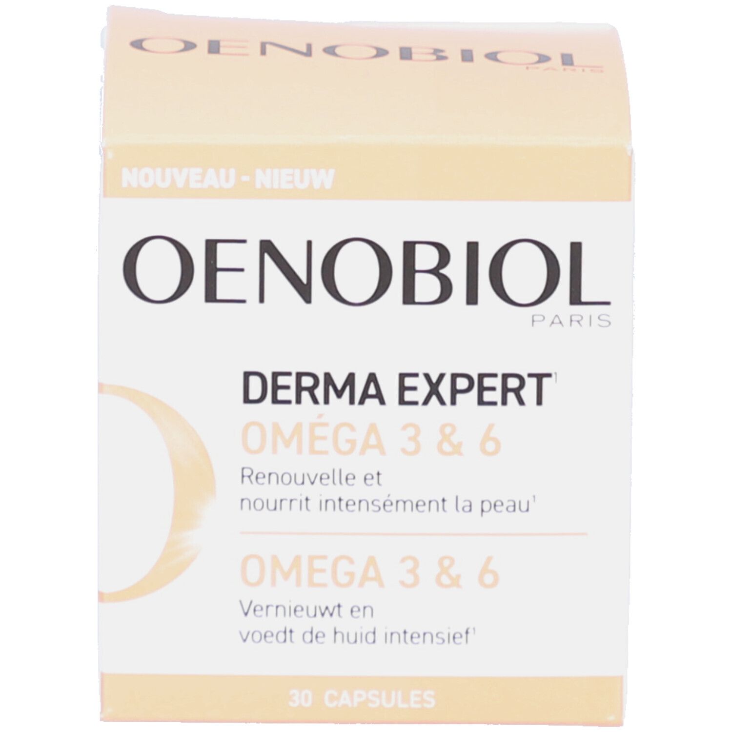Femme avec peau. Texte : Oméga 3 & 6, peau, formule concentrée. Oenobiol Derma Expert.