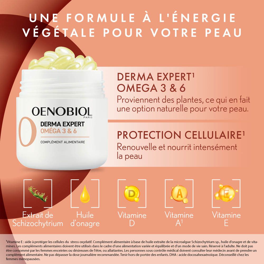 Oenobiol Derma Expert Oméga 3 & 6. Pot blanc avec capsules. Texte : Complément alimentaire.