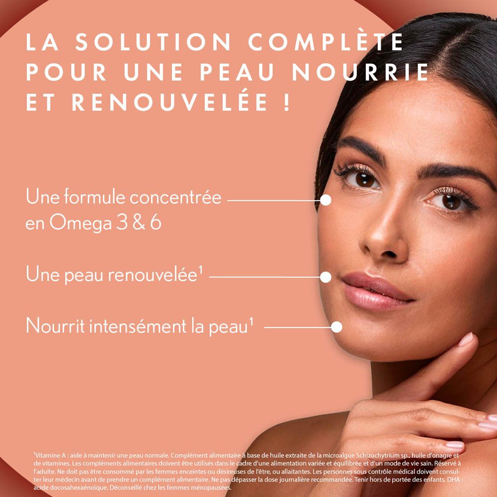 Oenobiol Derma Expert Oméga 3 & 6. Pot blanc avec capsules. Texte : Complément alimentaire.