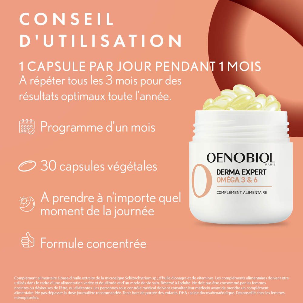 Oenobiol Derma Expert Oméga 3 & 6. Pot blanc avec capsules. Texte : Complément alimentaire.
