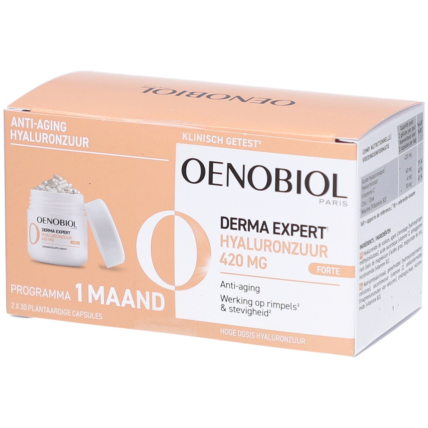 Kartonverpackung Oenobiol Derma Expert, 2x30 Kapseln. Aufschrift: Anti-Aging, Hyaluronzuur, 420 MG. Klinisch getest.