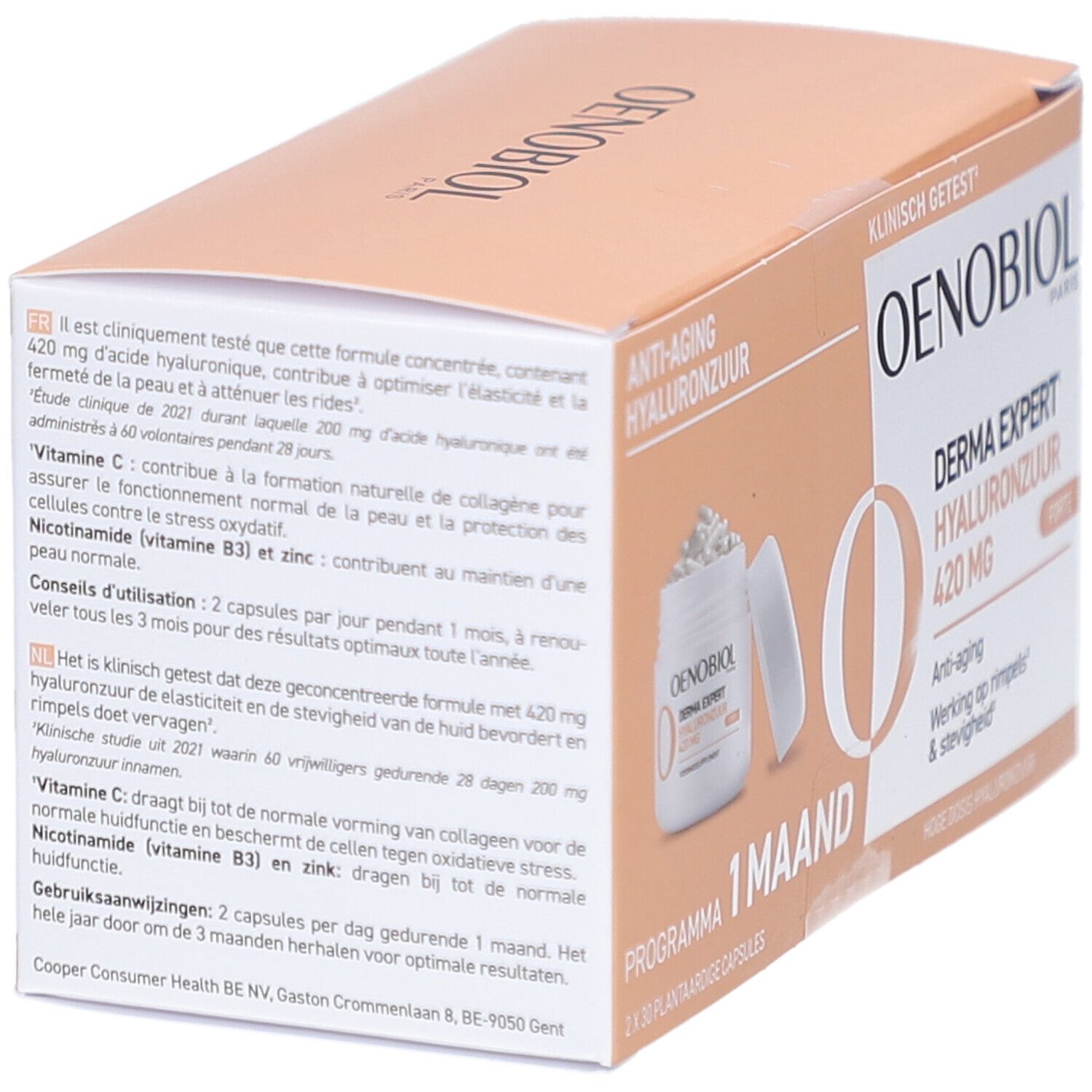 Kartonverpackung Oenobiol Derma Expert, 2x30 Kapseln. Aufschrift: Anti-Aging, Hyaluronzuur, 420 MG. Klinisch getest.
