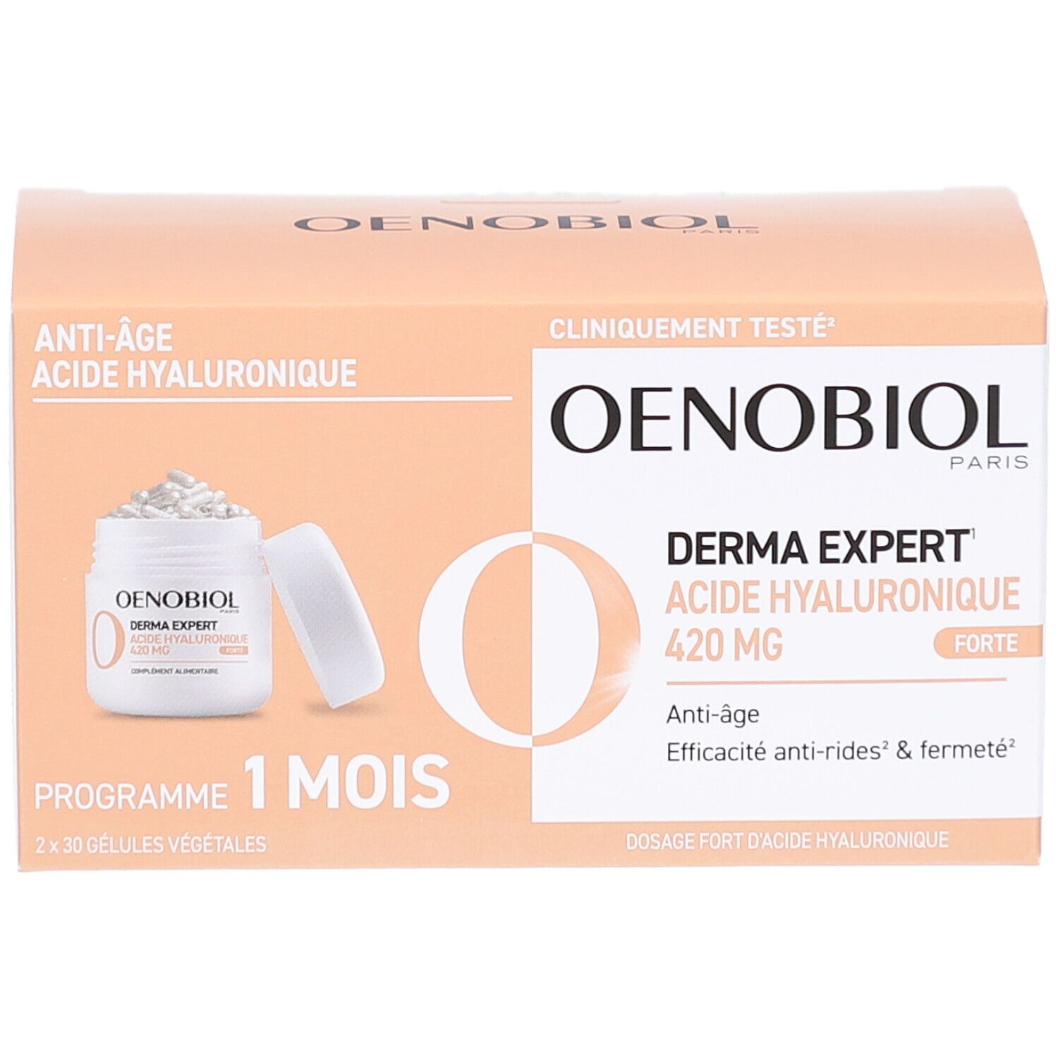Kartonverpackung Oenobiol Derma Expert, 2x30 Kapseln. Aufschrift: Anti-Age, Acide Hyaluronique, 420 MG. Programm 1 mois.