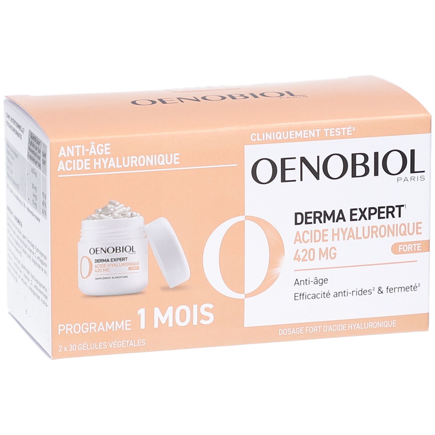 Kartonverpackung Oenobiol Derma Expert, 2x30 Kapseln. Aufschrift: Anti-Age, Acide Hyaluronique, 420 MG. Programm 1 mois.