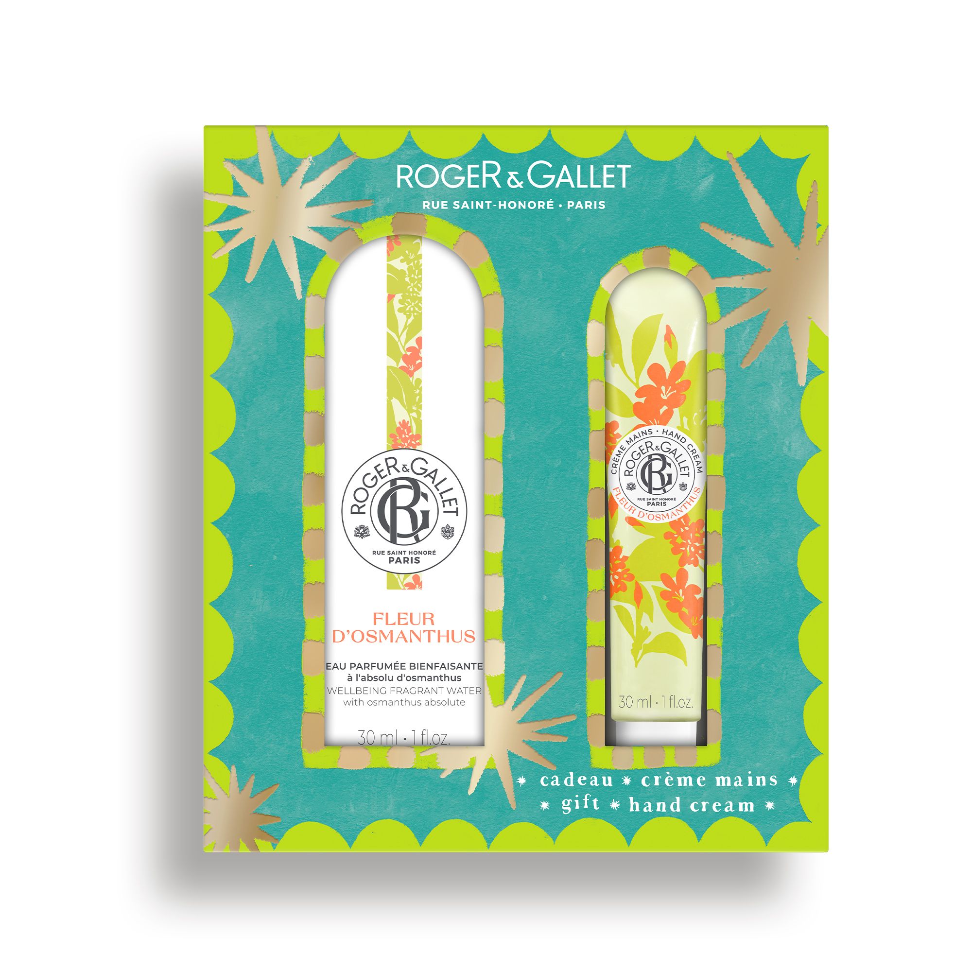 Coffret cadeau avec Eau Parfumée et crème mains. Emballage turquoise et vert avec motifs floraux. Contient deux produits.