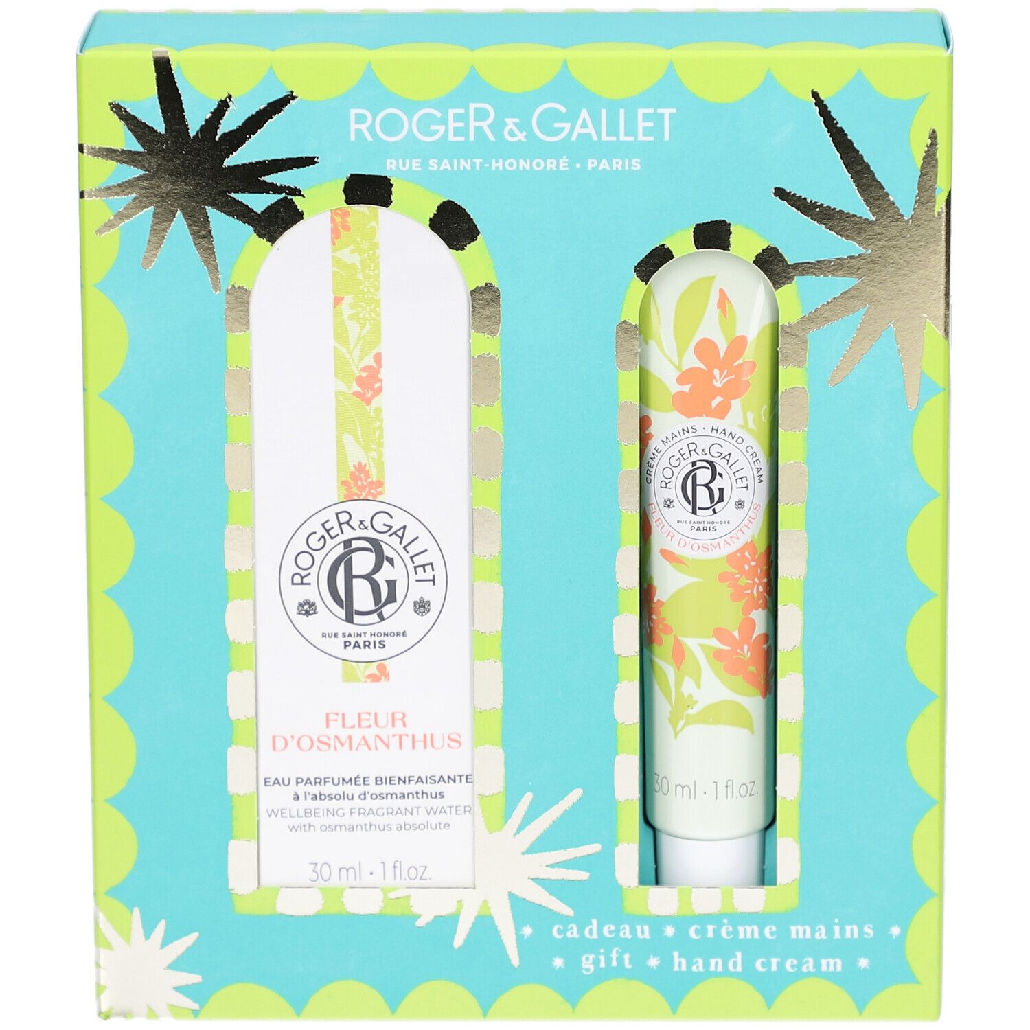 Geschenkset mit Eau Parfumée und Handcreme. Türkis-grüne Verpackung mit floralen Elementen. Enthält zwei Produkte.