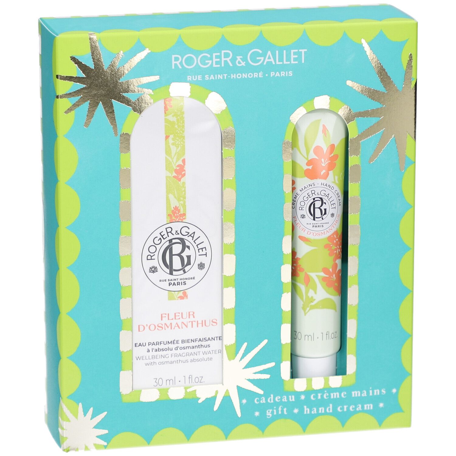 Geschenkset mit Eau Parfumée und Handcreme. Türkis-grüne Verpackung mit floralen Elementen. Enthält zwei Produkte.