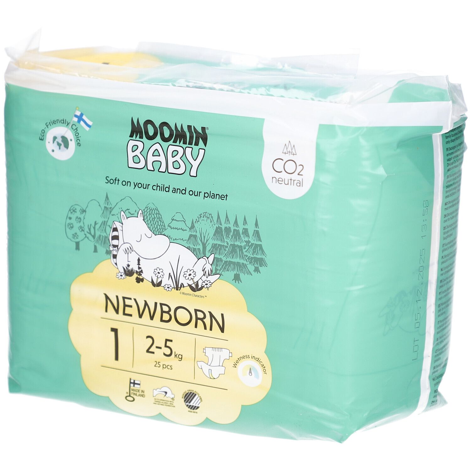 Verpackung mit Windeln. Marke Moomin Baby. Größe 1, 2-5 kg, 25 Stück. CO2-neutral. Ökologische Wahl.