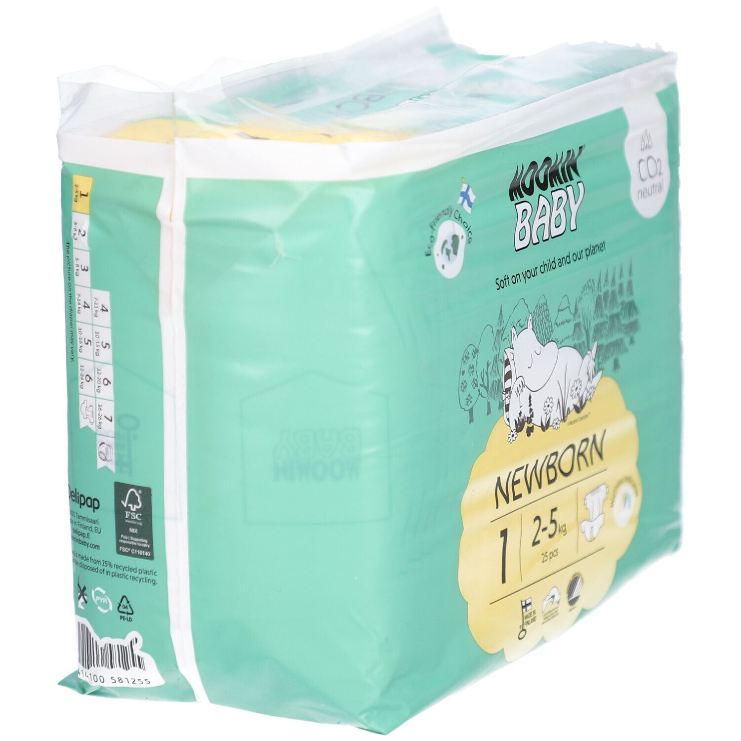 Verpackung mit Windeln. Marke Moomin Baby. Größe 1, 2-5 kg. Ökologische Wahl. CO2-neutral.