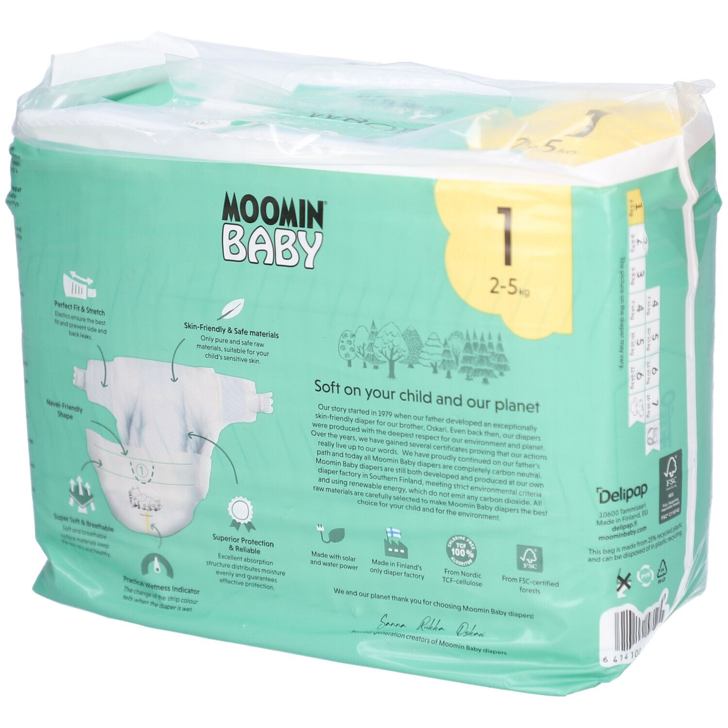Verpackung mit Windeln. Marke Moomin Baby. Größe 1, 2-5 kg. Ökologische Wahl. CO2-neutral. Windel-Illustration.