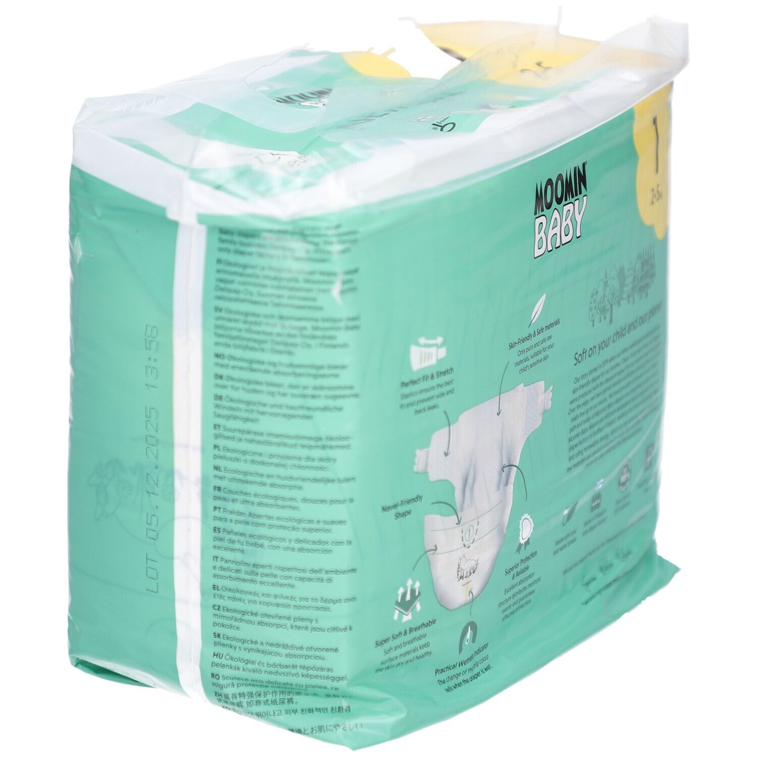 Verpackung mit Windeln. Marke Moomin Baby. Größe 1, 2-5 kg. Ökologische Wahl. CO2-neutral. Windel-Illustration.