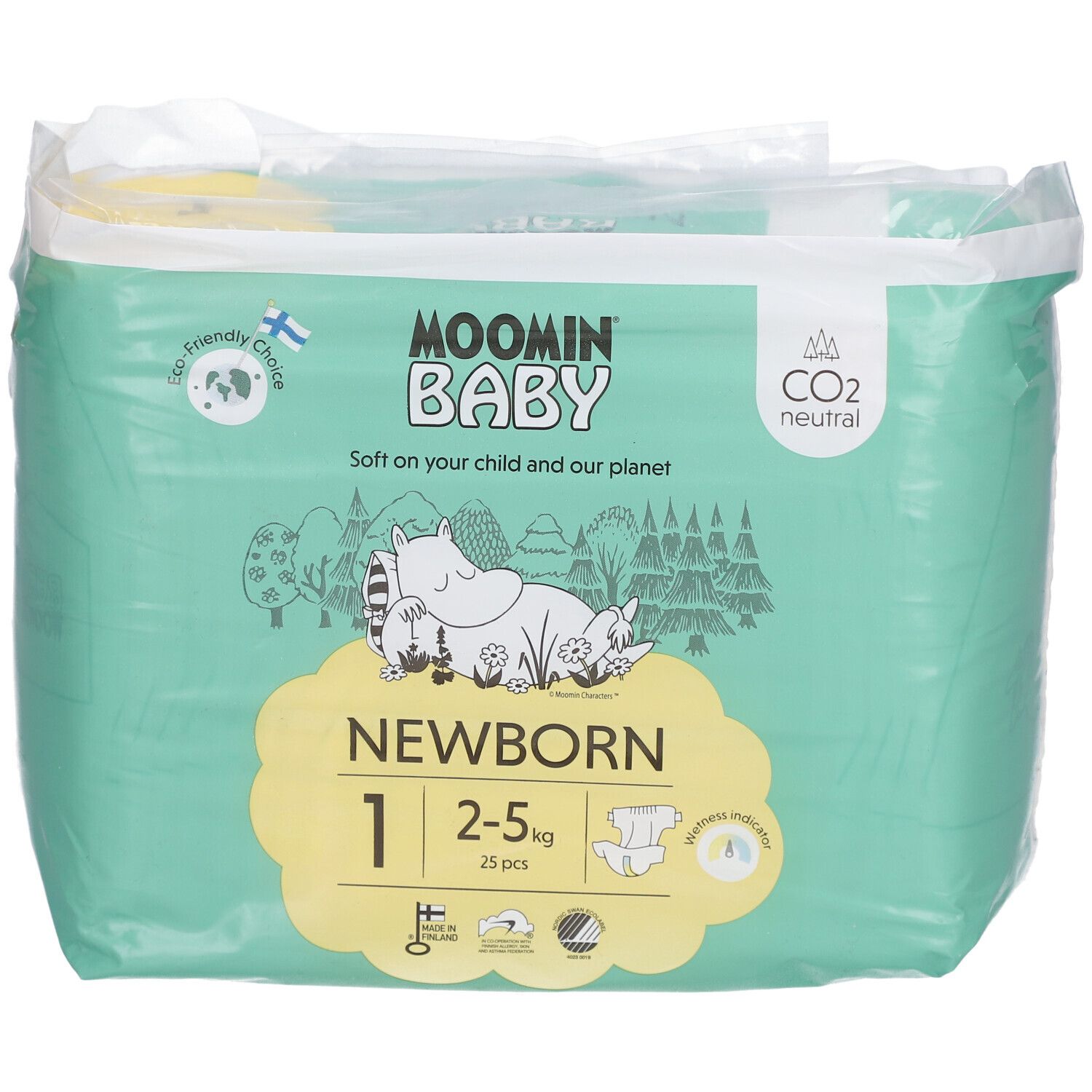 Verpackung mit Windeln. Marke Moomin Baby. Größe 1, 2-5 kg, 25 Stück. CO2-neutral. Ökologische Wahl.