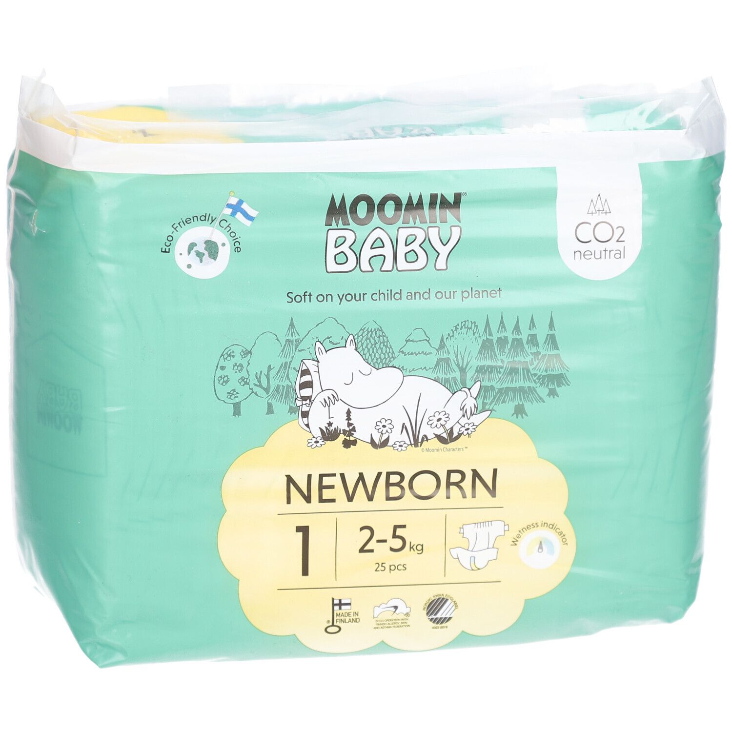 Verpackung mit Windeln. Marke Moomin Baby. Größe 1, 2-5 kg, 25 Stück. CO2-neutral. Ökologische Wahl.