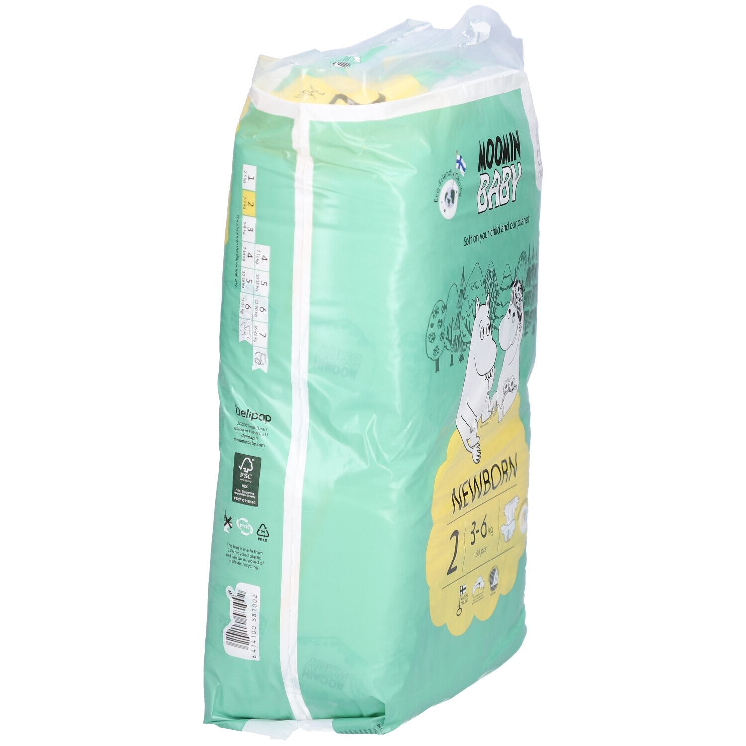 Vue latérale du paquet de couches Moomin Baby. Taille 2, 3-6 kg. Labels environnementaux et texte.