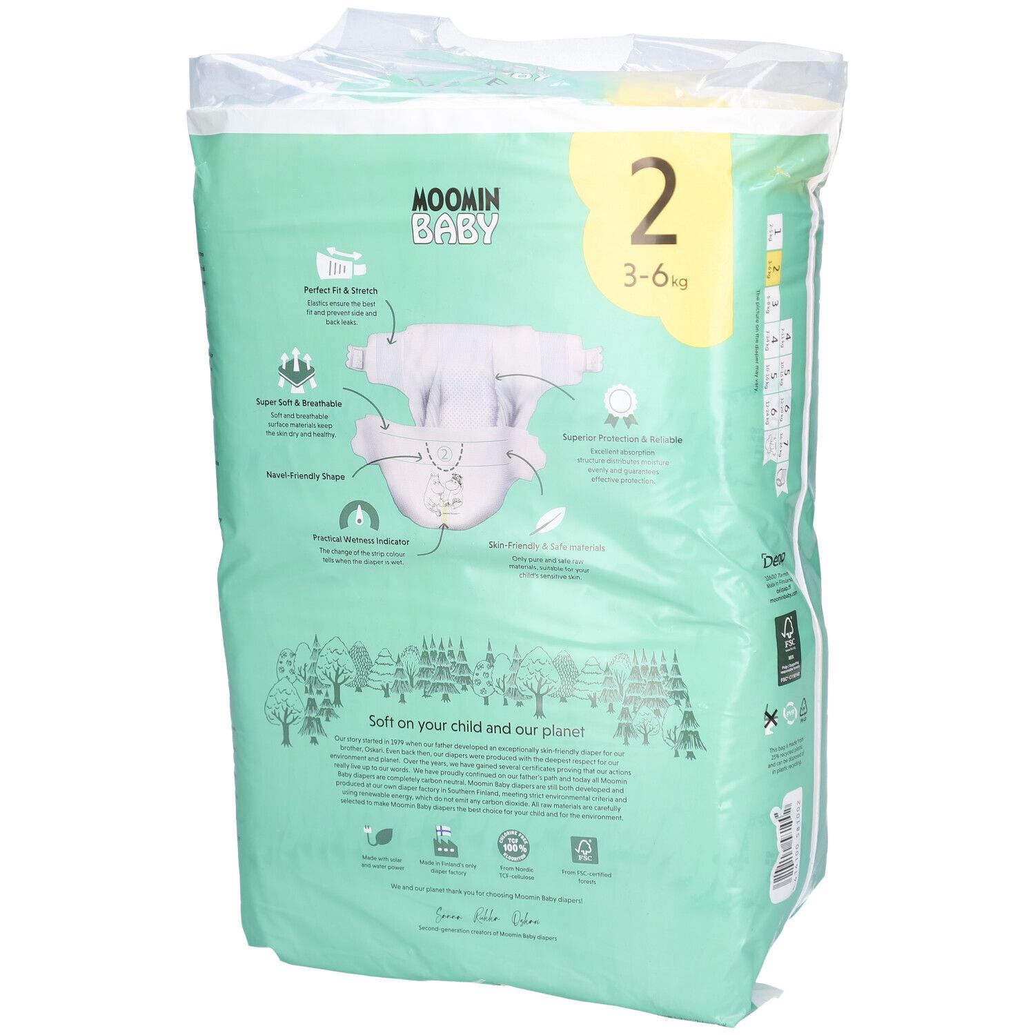 Dos du paquet de couches Moomin Baby. Taille 2, 3-6 kg. Caractéristiques du produit et illustrations.