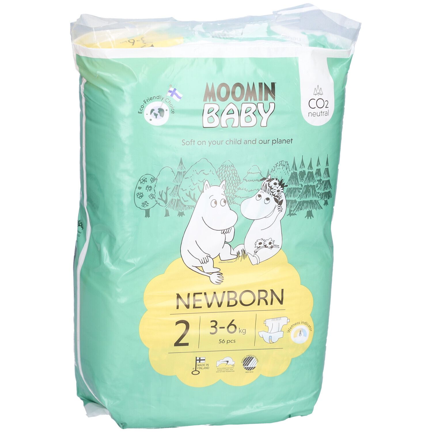 Paquet de couches Moomin Baby, taille 2, 3-6 kg. Illustration de personnages Moomin. Neutre en CO2 et respectueux de l'environnement.