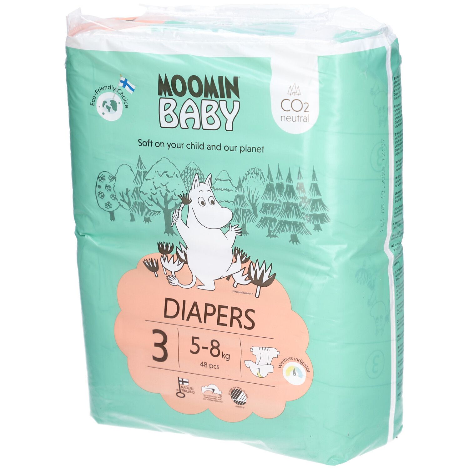 Verpackung Moomin Baby Windeln, Größe 3, 5-8 kg. Grün-weißes Design mit Mumin-Illustrationen. Enthält 48 Stück. CO2-neutral.