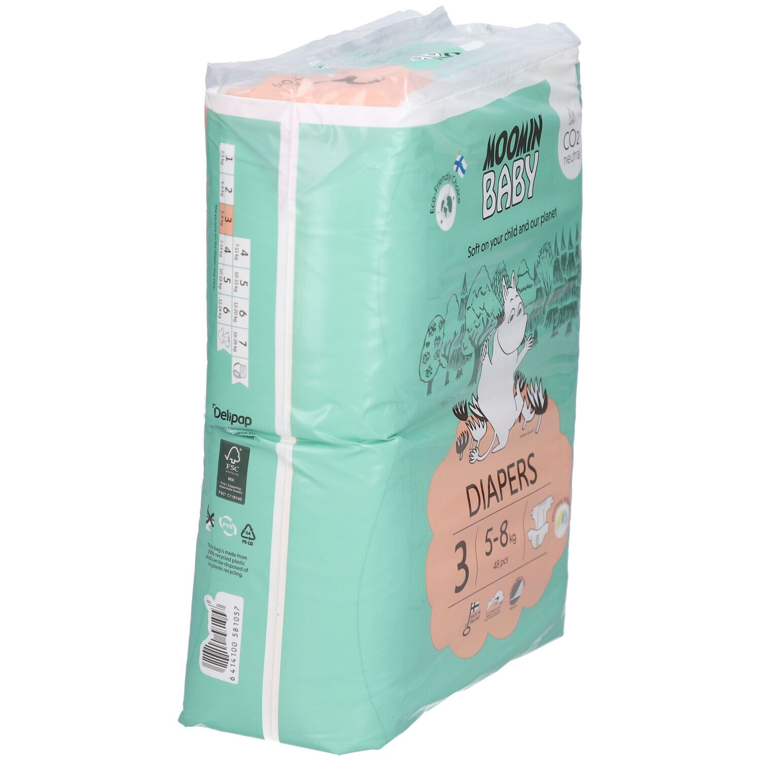 Moomin Baby Windelpackung, Größe 3, 5-8 kg. Grün-weißes Design. Seitenansicht der Verpackung mit Produktinformationen und Logo.